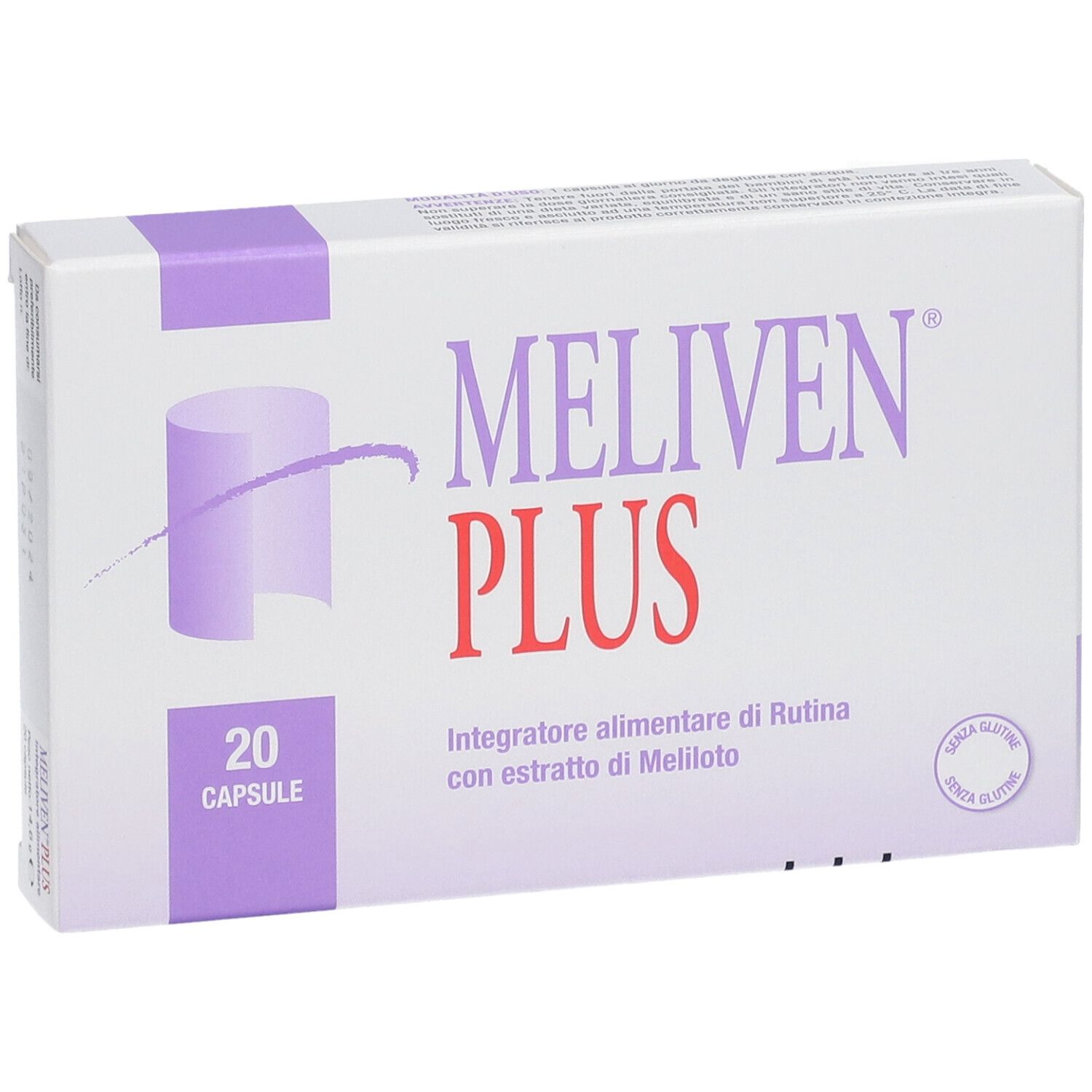 Confezione di MELIVEN® PLUS. Scatola bianca con dettagli viola. Contiene 20 capsule. Scritto: MELIVEN® PLUS, Integratore alimentare.