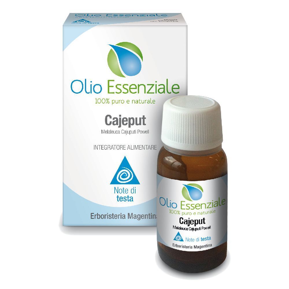 Flacone in vetro marrone e scatola con scritta « Olio Essenziale Cajeput ». Etichetta con logo e testo. « 100% puro e naturale ».