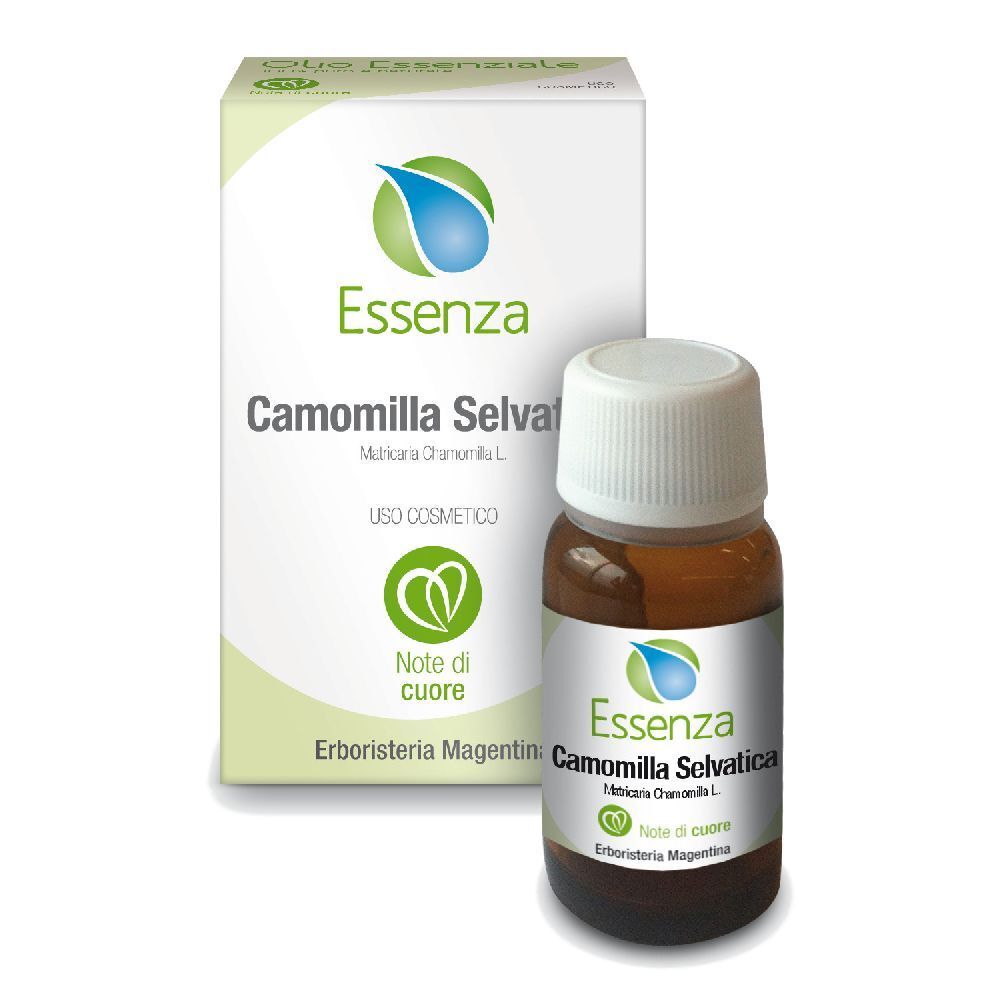 Flacone in vetro marrone e scatola con nome del prodotto e logo. Scritta: Camomilla Selvatica Essenza.