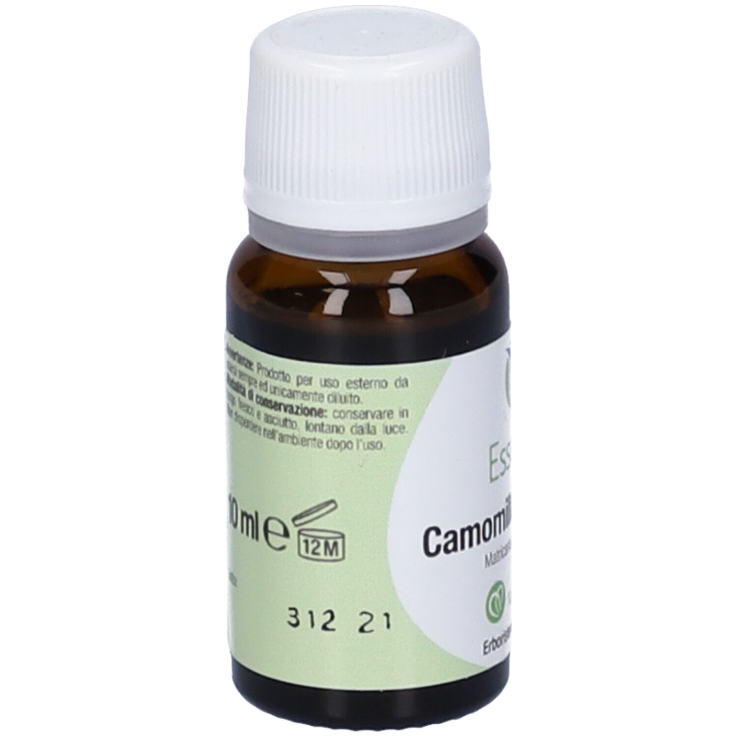 Flacone in vetro marrone con tappo bianco. Scritta: 10 ml, 12M. Nome del prodotto e logo.