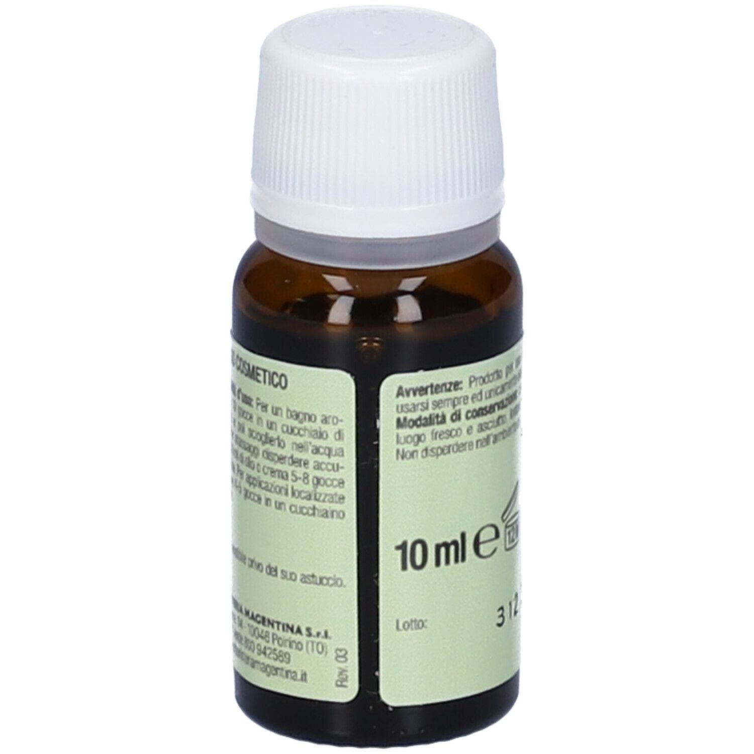 Flacone in vetro marrone con tappo bianco. Scritta: 10 ml. Nome del prodotto e logo.