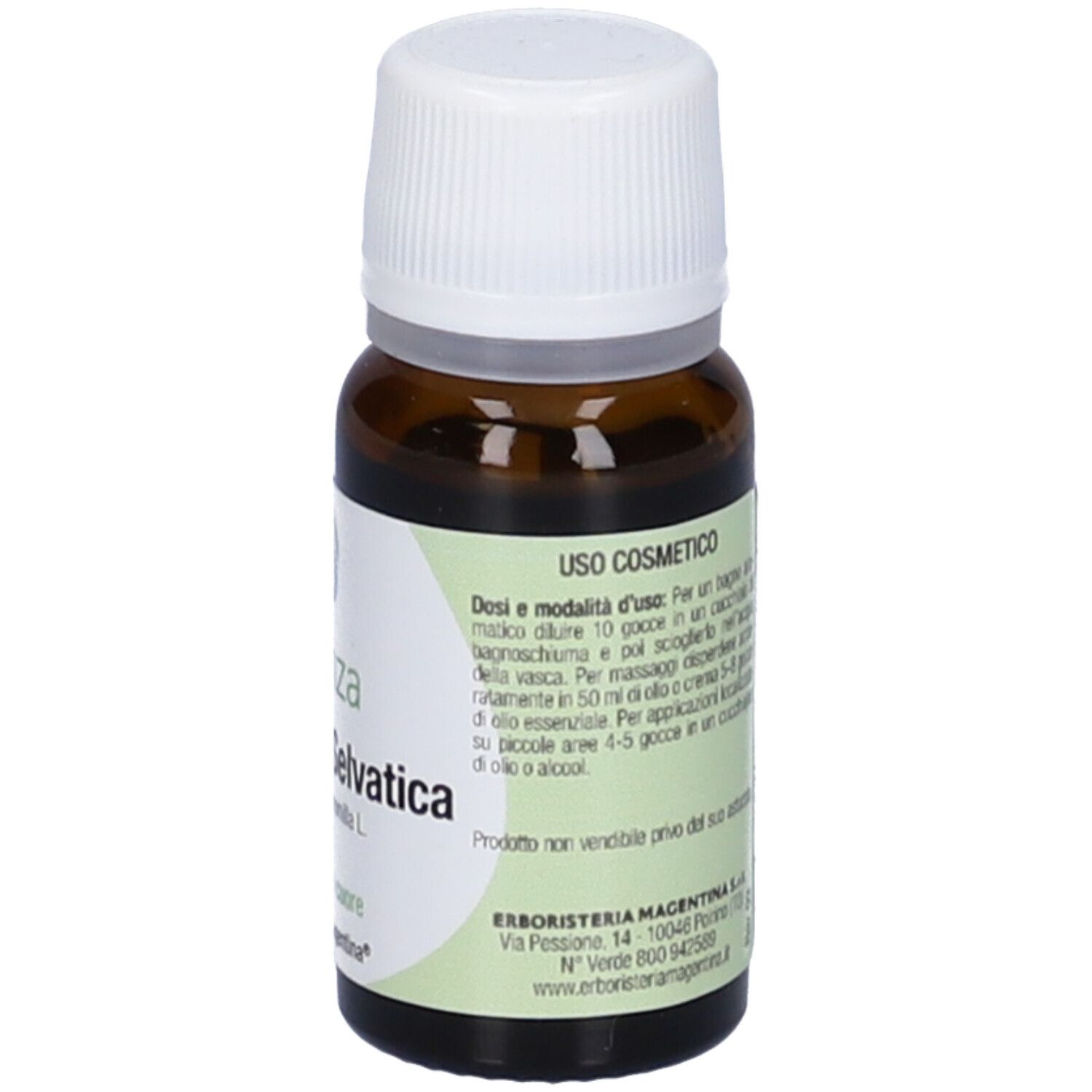 Flacone in vetro marrone con tappo bianco. Scritta: 10 ml. Nome del prodotto e logo.