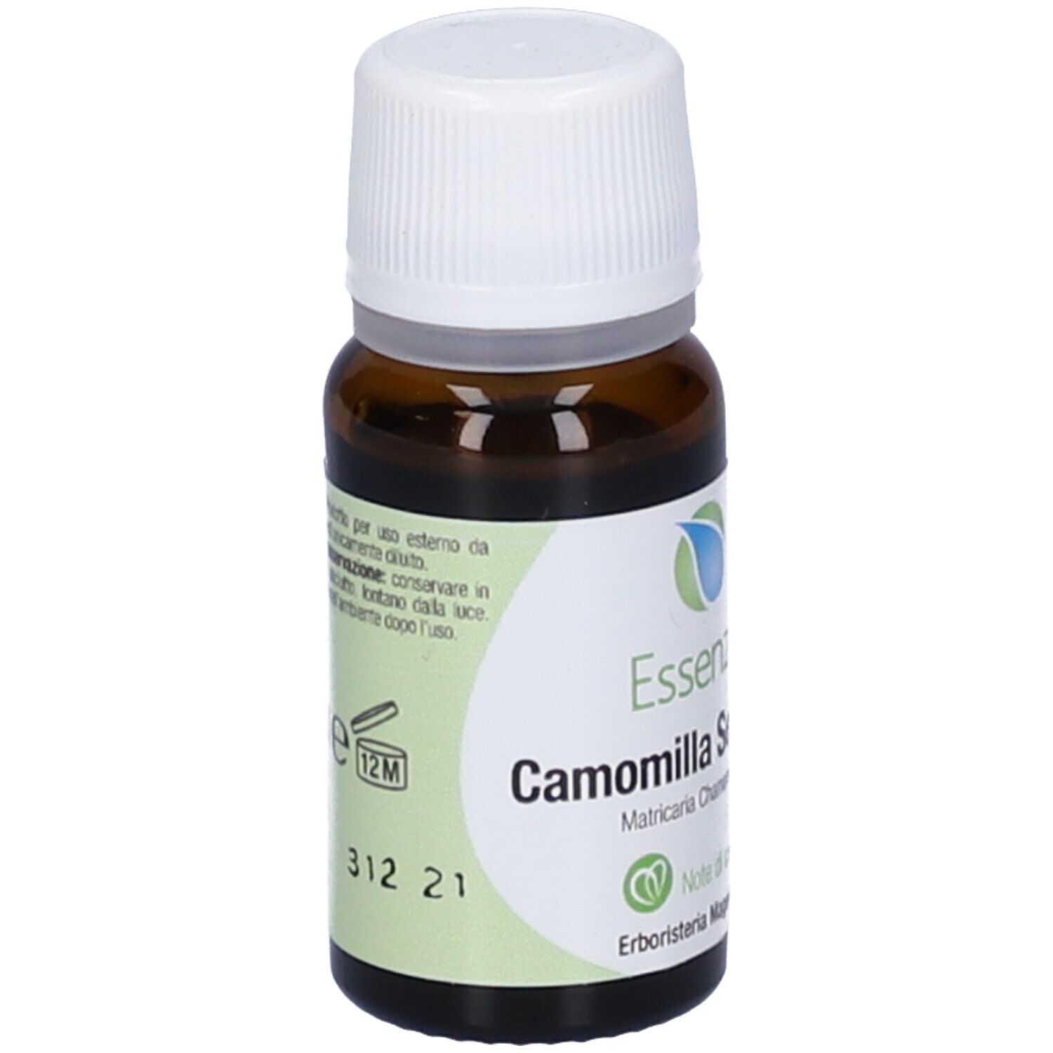Flacone in vetro marrone con tappo bianco. Scritta: 10 ml, 12M. Nome del prodotto e logo.