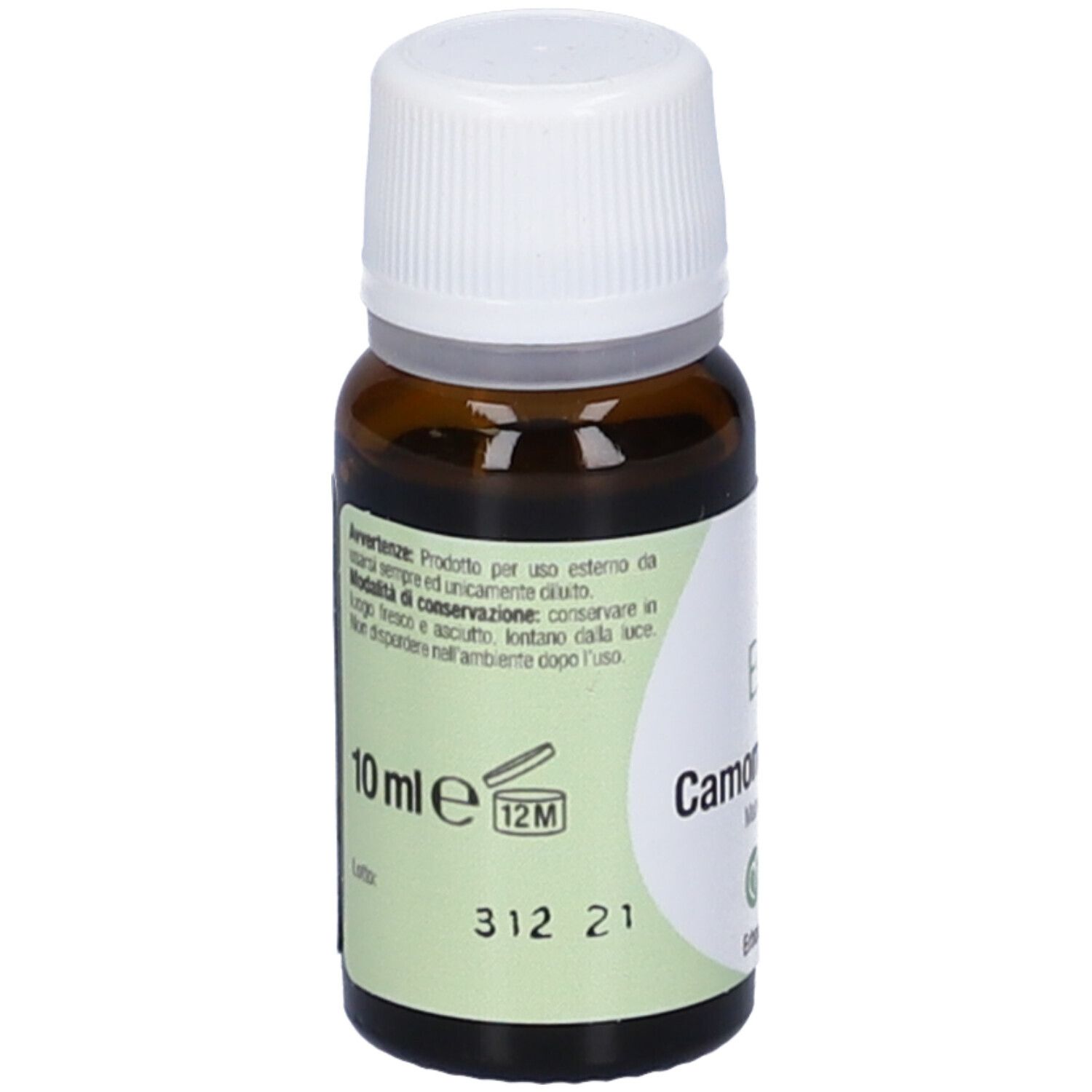 Flacone in vetro marrone con tappo bianco. Scritta: 10 ml, 12M. Nome del prodotto e logo.