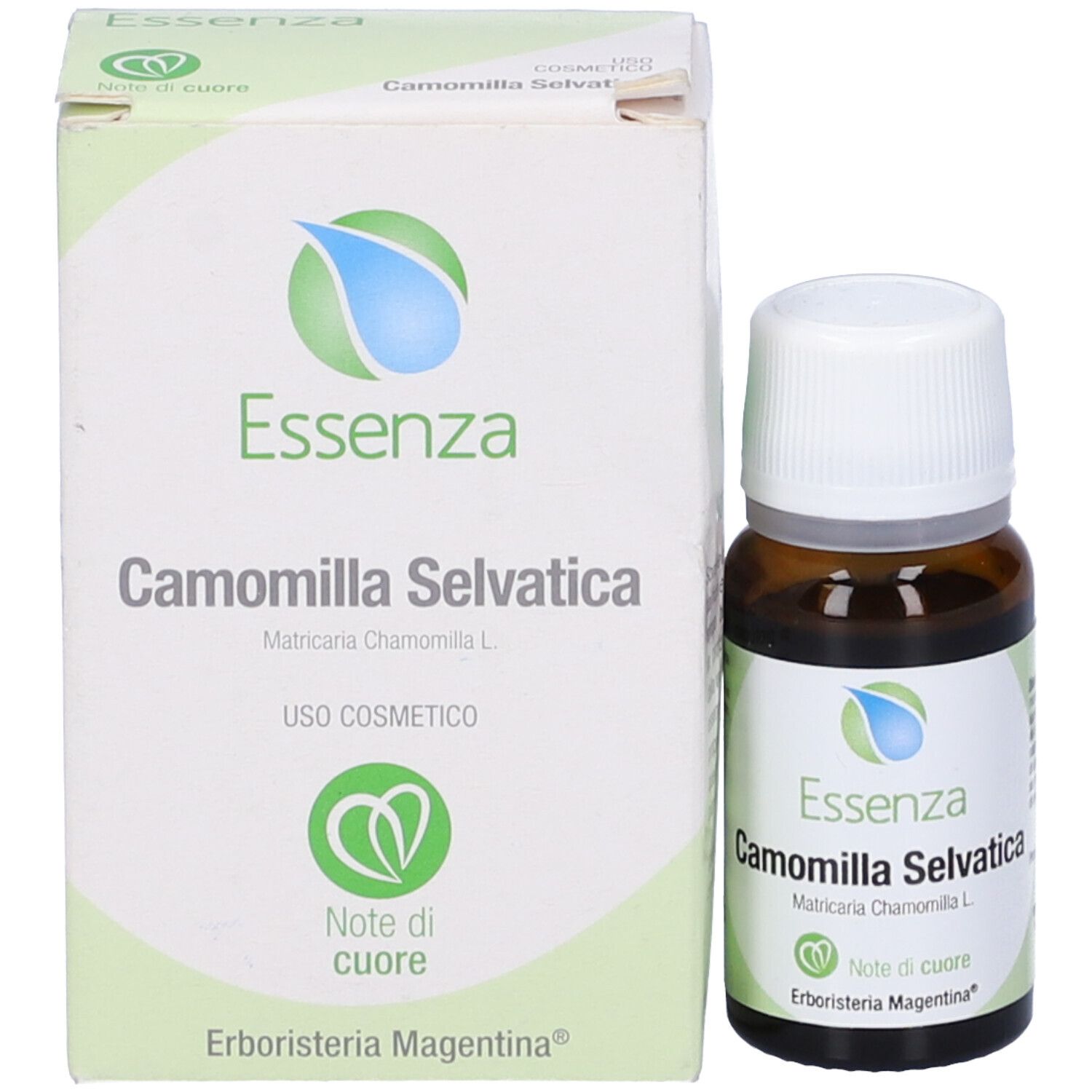 Flacone in vetro marrone e scatola con nome del prodotto e logo. Scritta: Camomilla Selvatica Essenza.