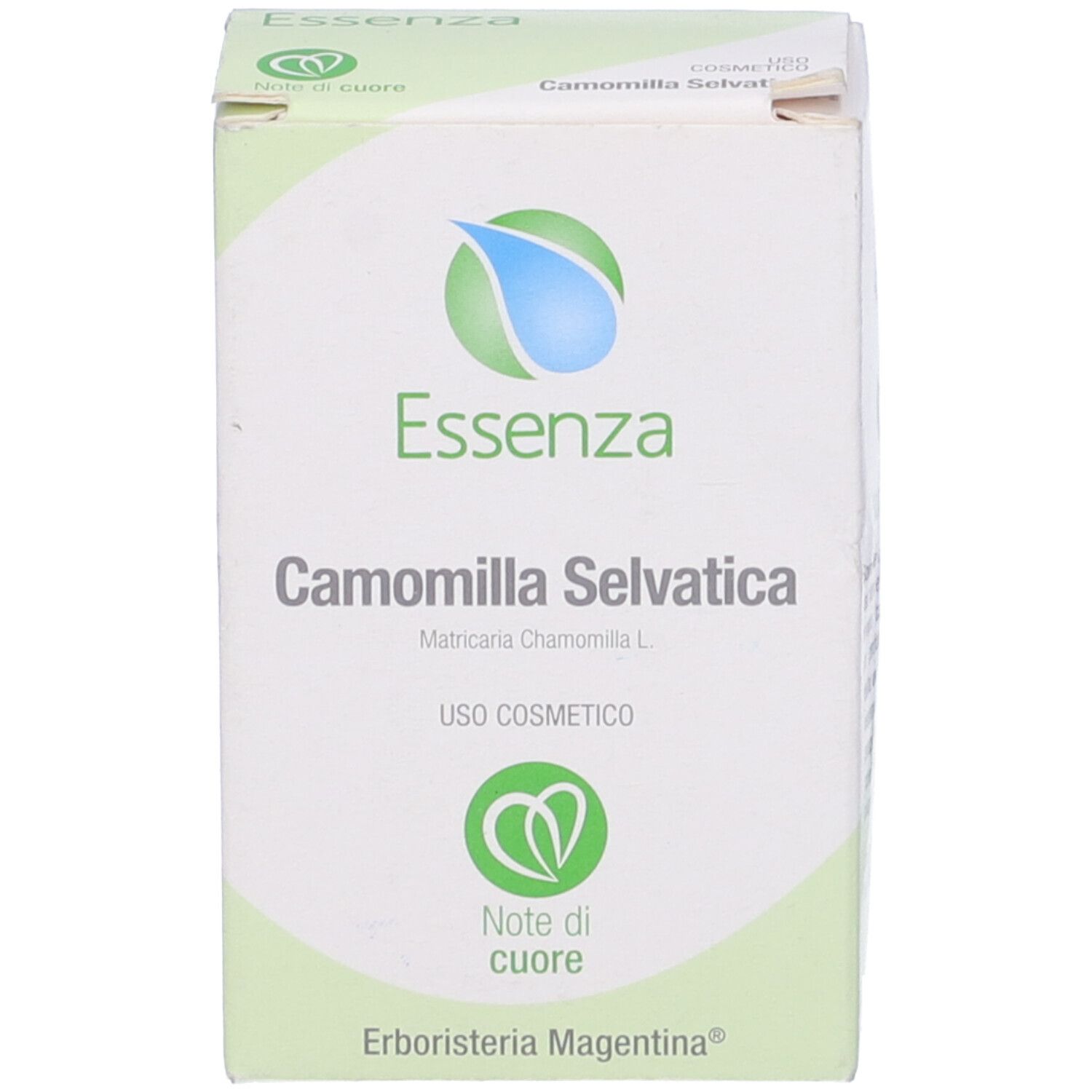 Scatola con nome del prodotto e logo. Scritta: Camomilla Selvatica Essenza.