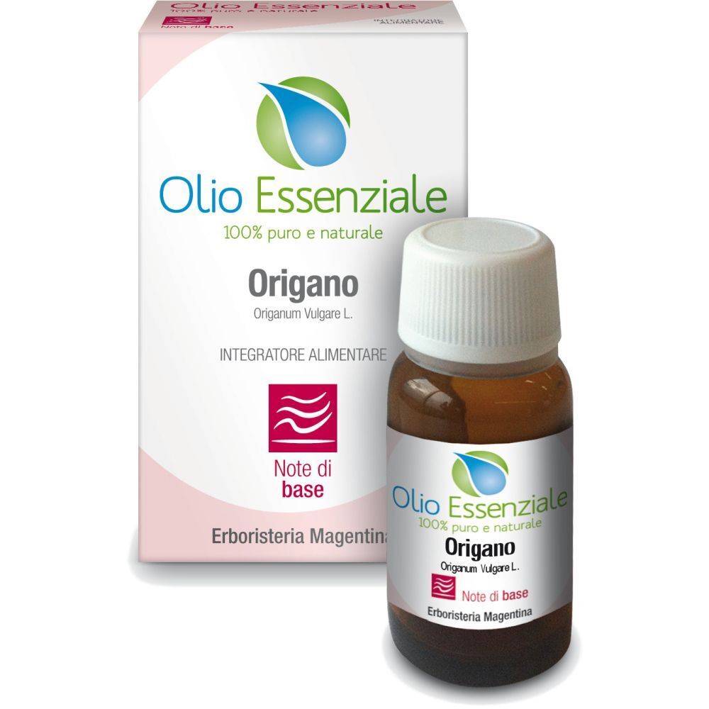 Flacone in vetro marrone con tappo bianco e confezione. Scritta: Olio Essenziale, Origano.