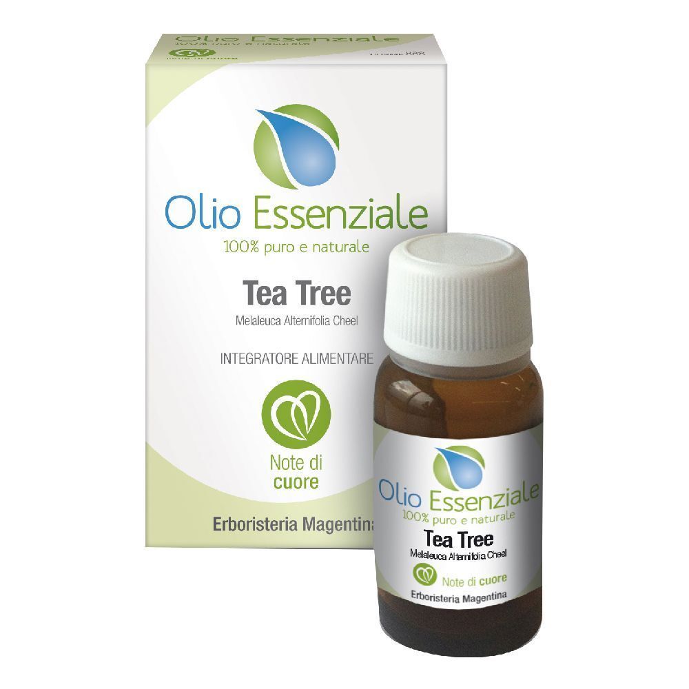 Flacone in vetro marrone con tappo bianco ed etichetta. Scatola con informazioni sul prodotto. Scritto: Olio Essenziale Tea Tree.