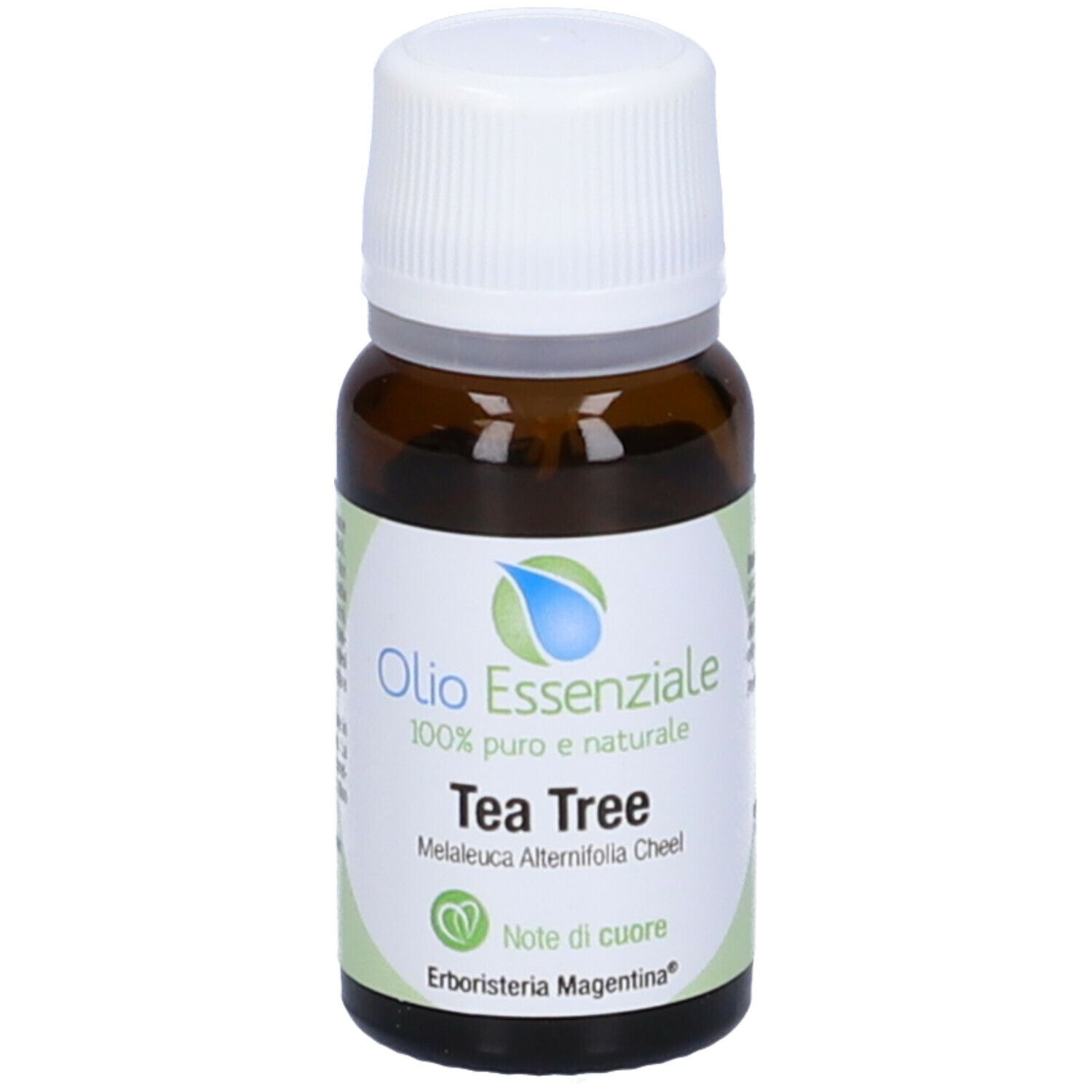 Flacone in vetro marrone con tappo bianco ed etichetta. Scritto: Olio Essenziale Tea Tree. Marchio: Erboristeria Magentina.