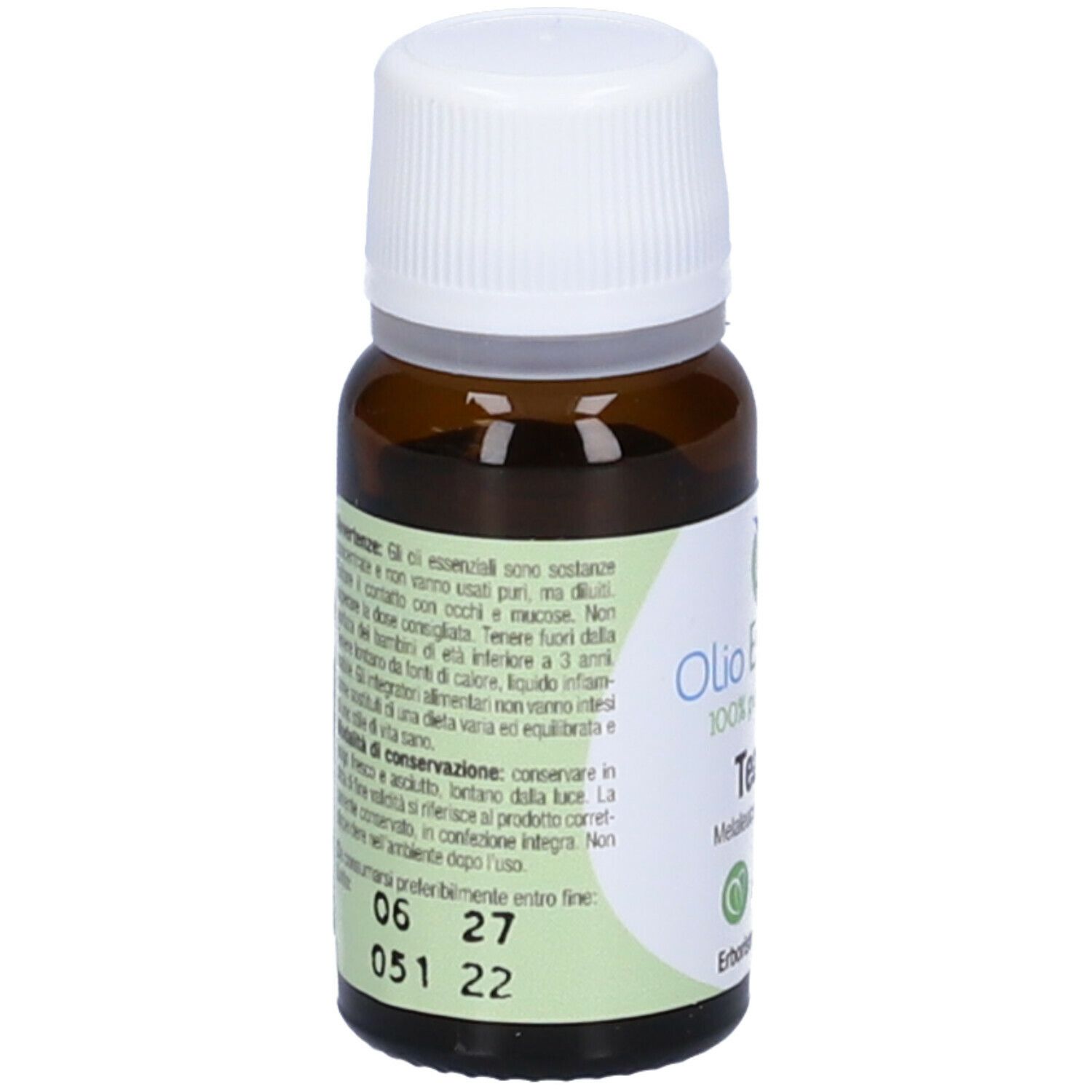 Flacone in vetro marrone con tappo bianco ed etichetta. Scritto: Olio Essenziale Tea Tree. Marchio: Erboristeria Magentina.