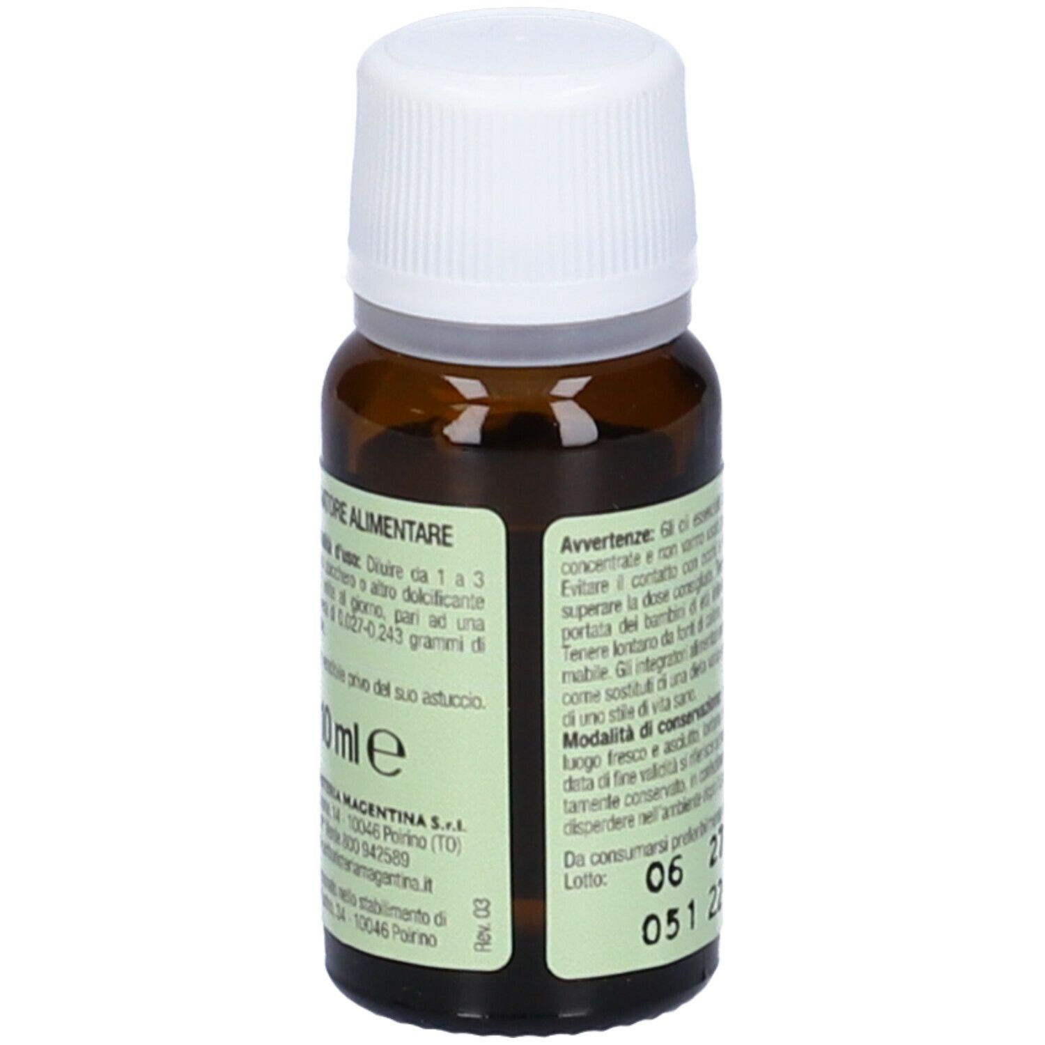 Flacone in vetro marrone con tappo bianco ed etichetta. Scritto: Olio Essenziale Tea Tree. Marchio: Erboristeria Magentina.