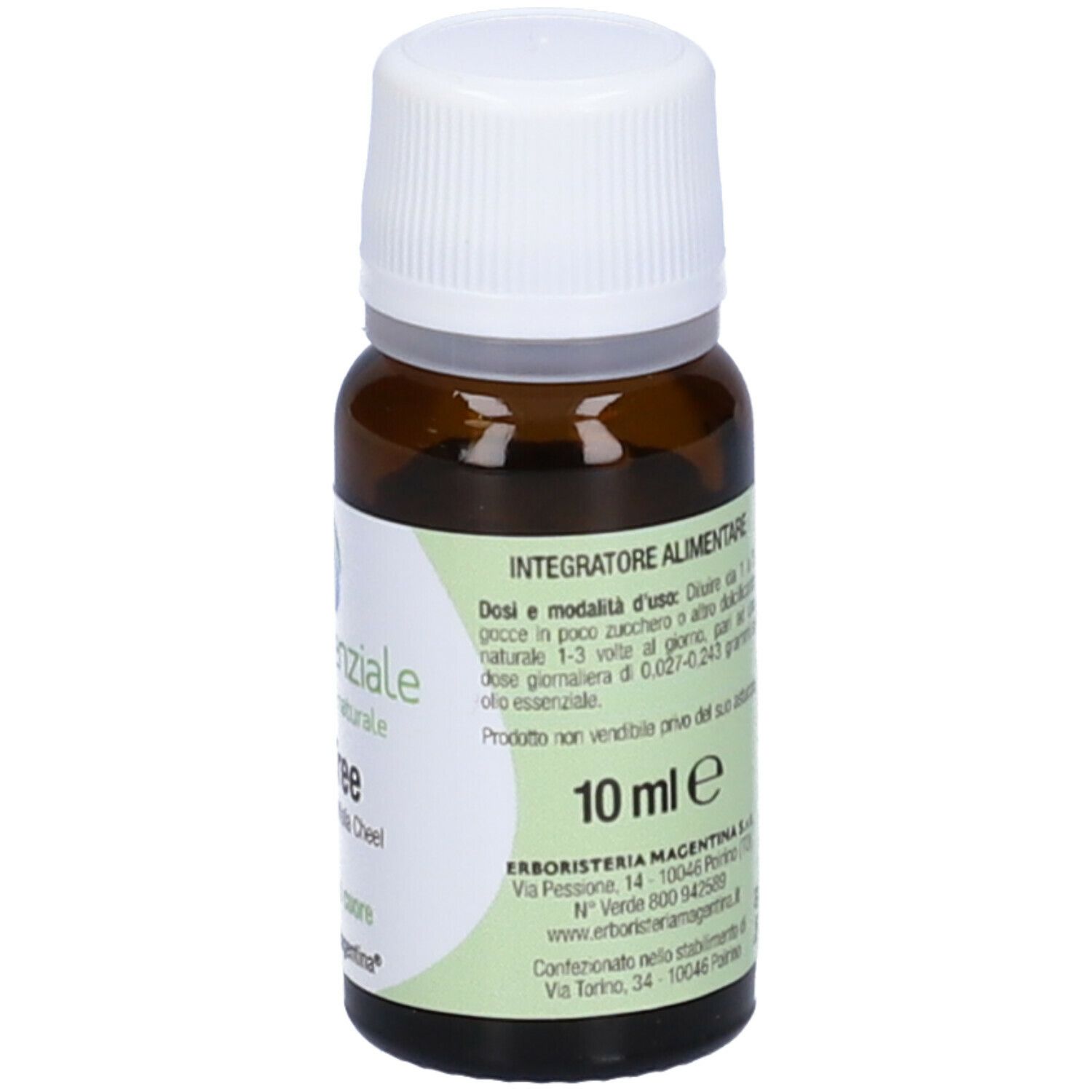 Flacone in vetro marrone con tappo bianco ed etichetta. Scritto: Olio Essenziale Tea Tree. 10 ml.