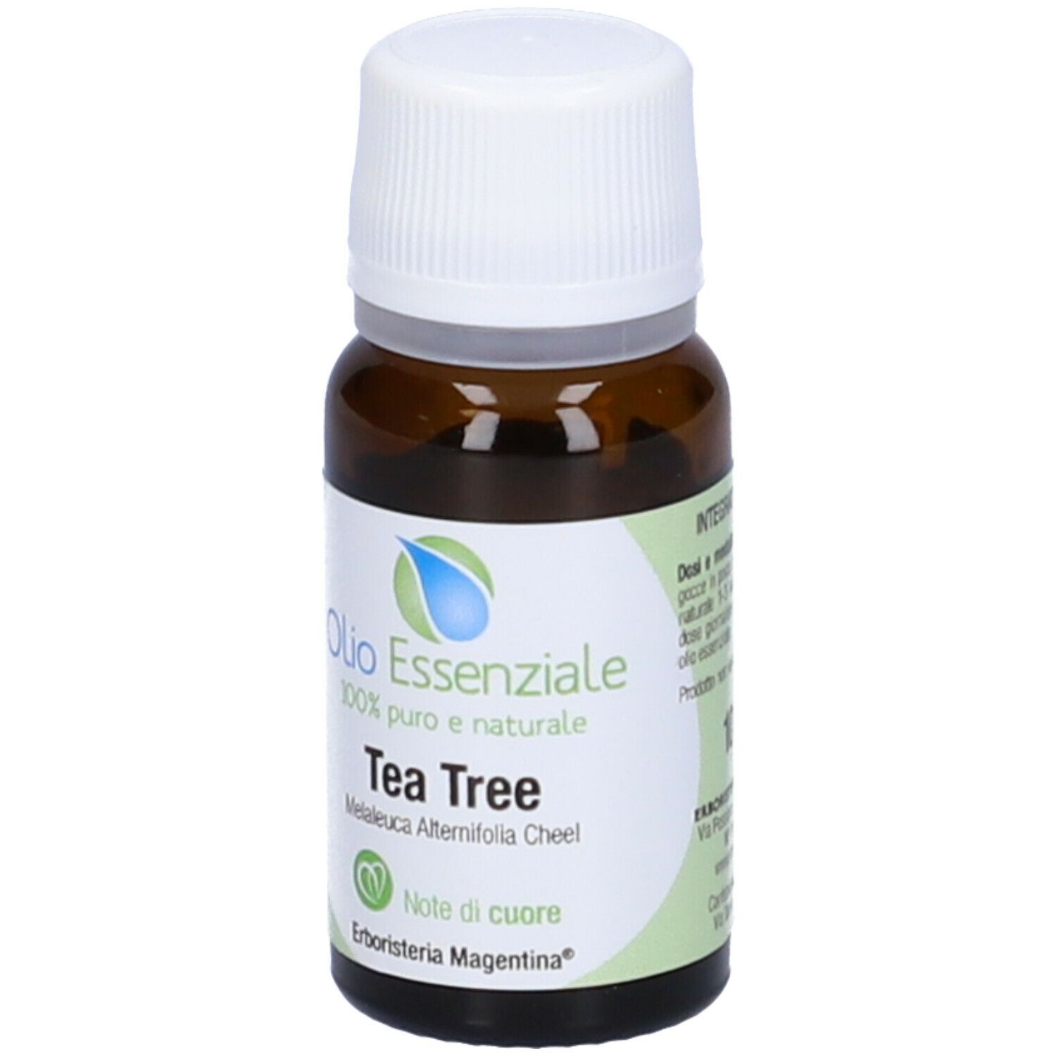 Flacone in vetro marrone con tappo bianco ed etichetta. Scritto: Olio Essenziale Tea Tree. Marchio: Erboristeria Magentina.