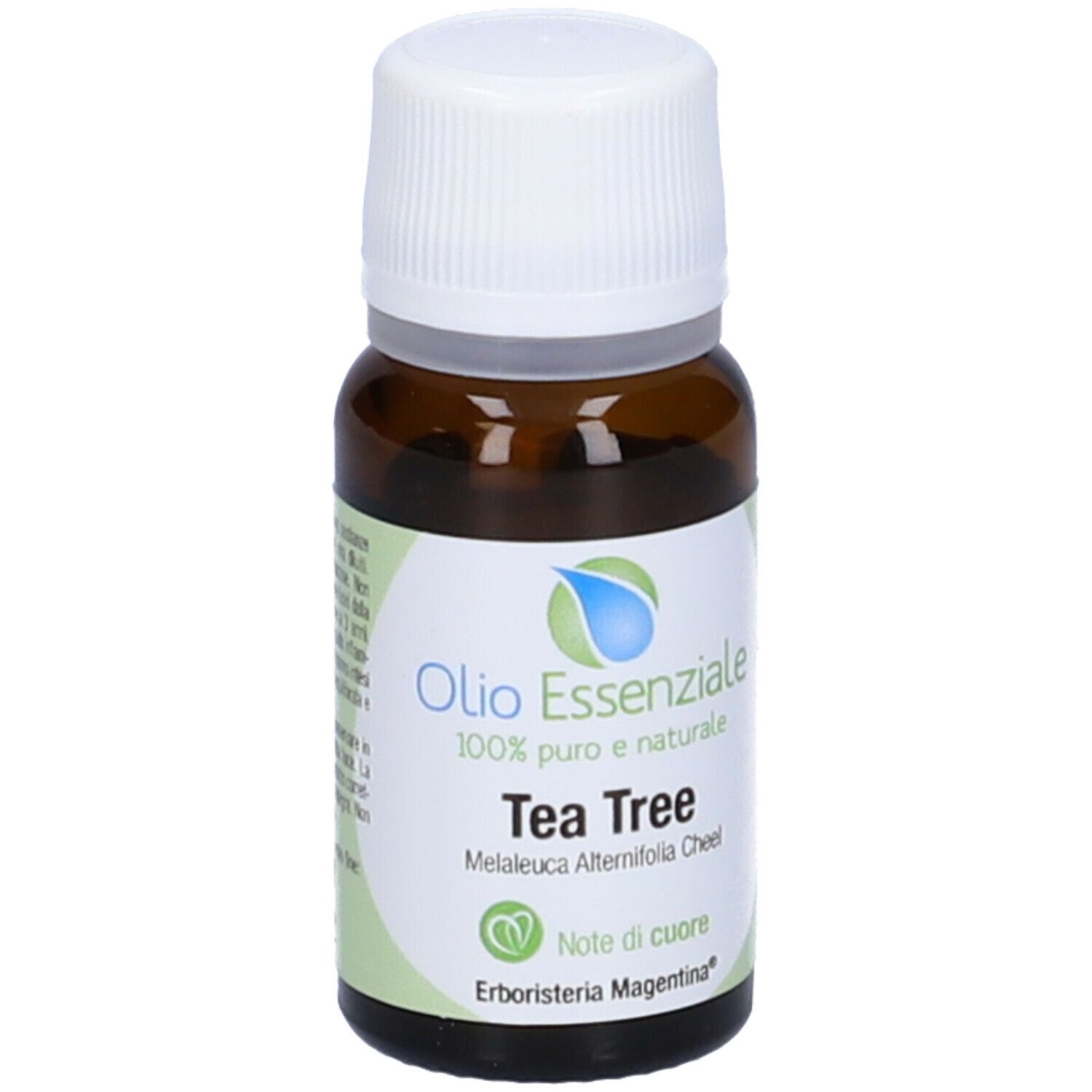 Flacone in vetro marrone con tappo bianco ed etichetta. Scritto: Olio Essenziale Tea Tree. Marchio: Erboristeria Magentina.