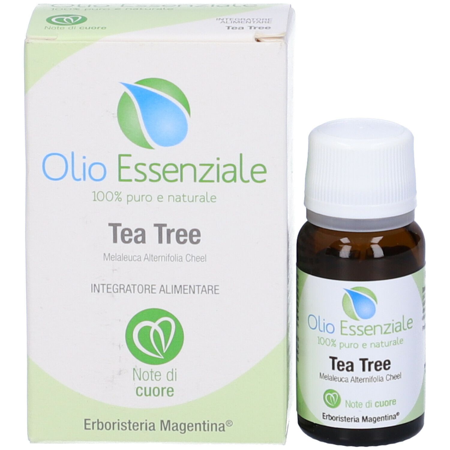 Flacone in vetro marrone con tappo bianco ed etichetta. Scatola con informazioni sul prodotto. Scritto: Olio Essenziale Tea Tree.