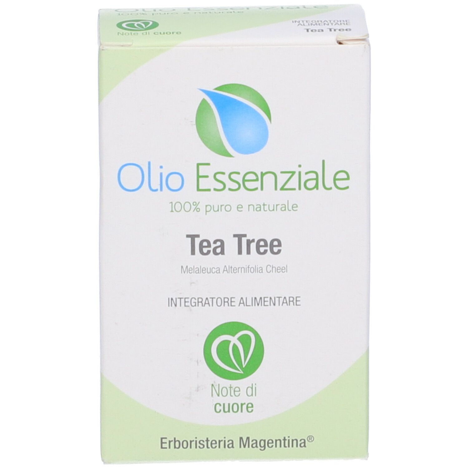 Scatola bianca con informazioni sul prodotto. Scritto: Olio Essenziale Tea Tree. Marchio: Erboristeria Magentina.