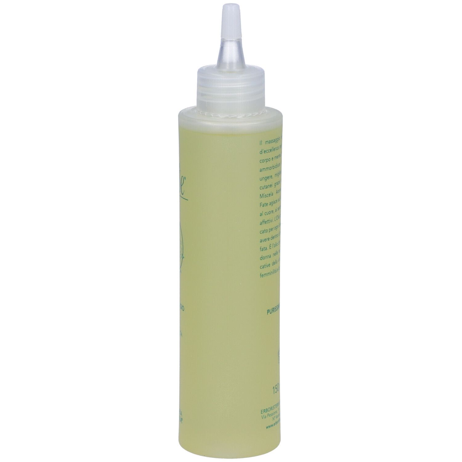 Helle Flüssigkeit in einer durchsichtigen Flasche mit weißem Applikatorspitzenverschluss.