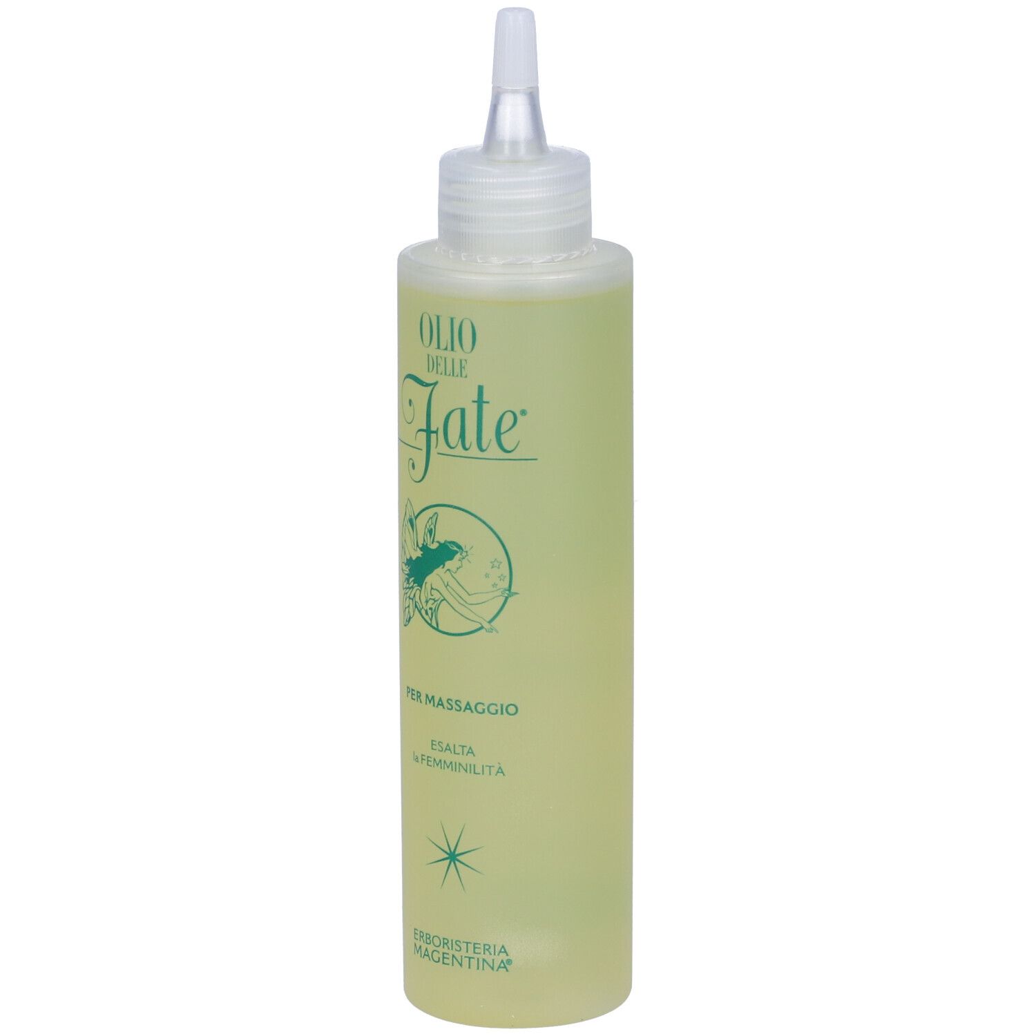 Flasche mit hellem Öl, Etikett mit grüner Schrift und einer Fee.