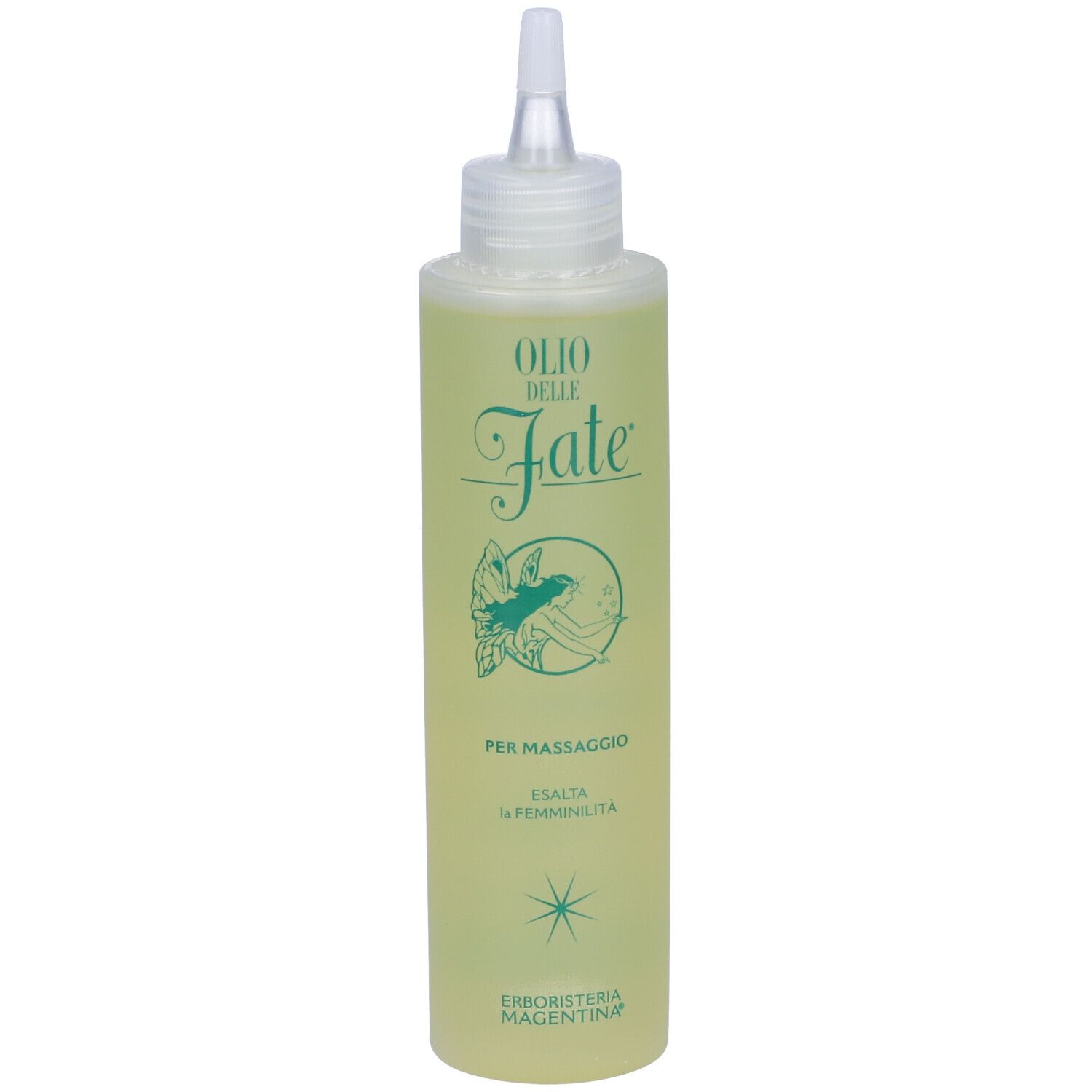 Flasche mit hellem Öl, Etikett mit "Olio delle Fate" und einer Fee.