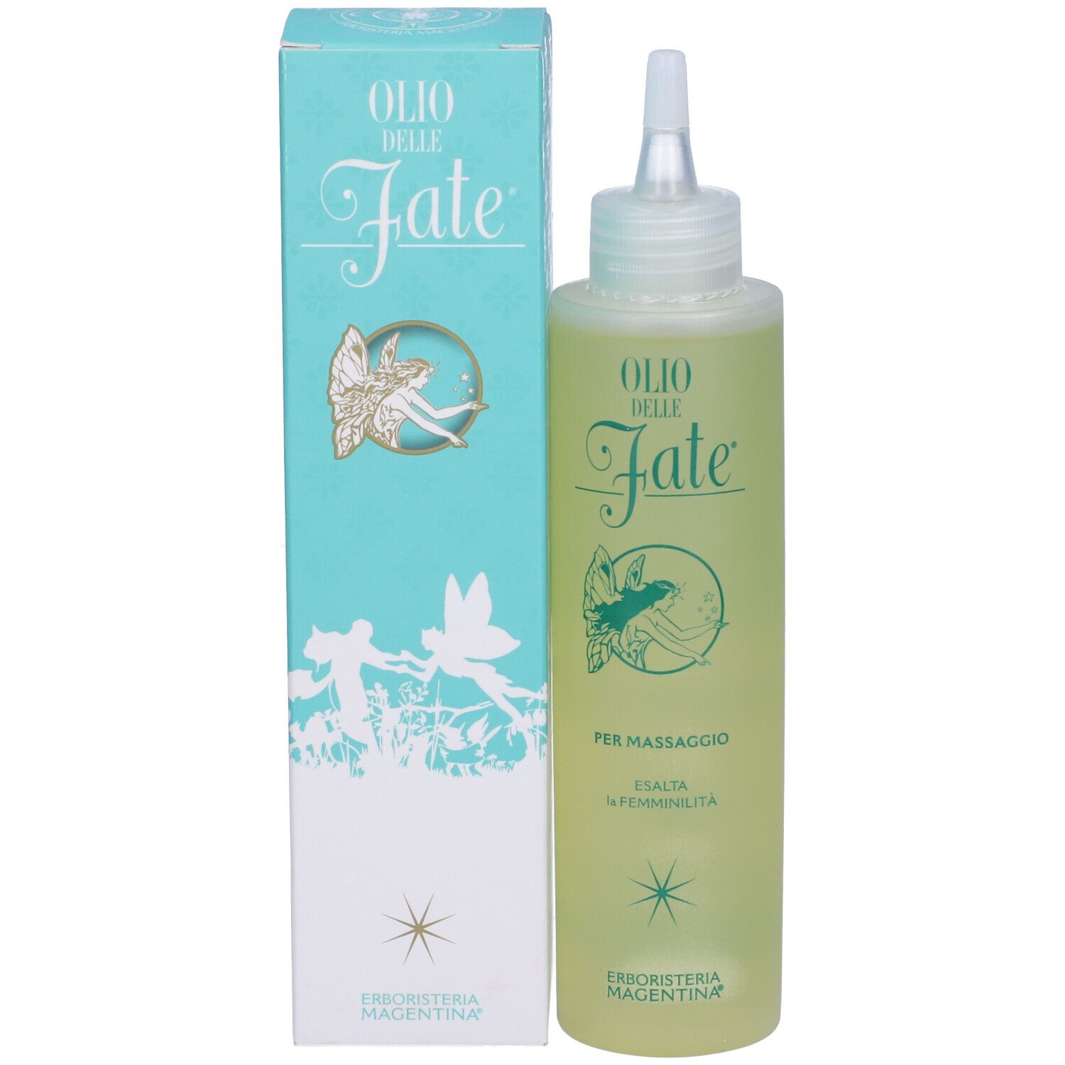 Flasche und Karton "Olio delle Fate" mit Feenmotiv. Hellgrüne Flüssigkeit in transparenter Flasche mit weißem Applikator.