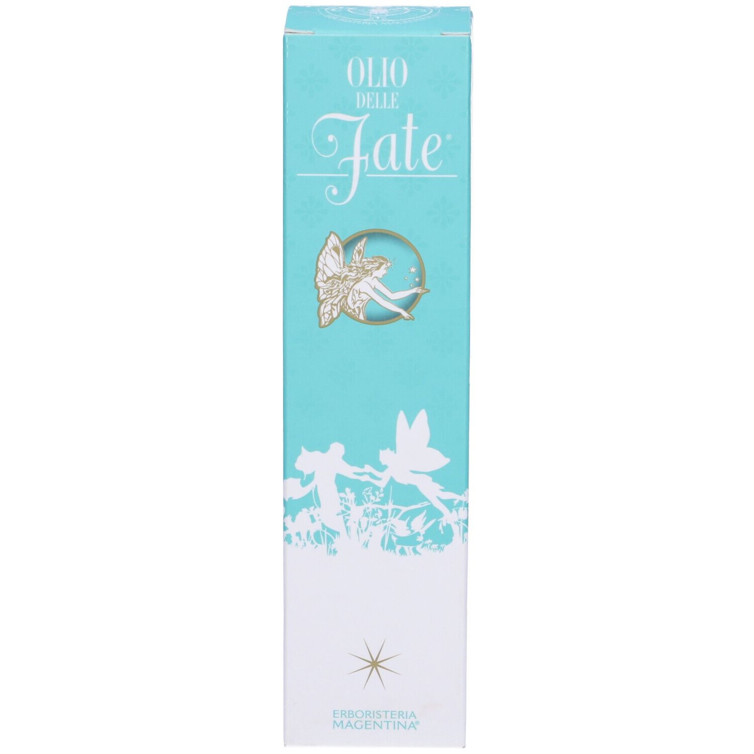 Türkisfarbene Verpackung mit Feenmotiv und dem Schriftzug 'Olio delle Fate'.