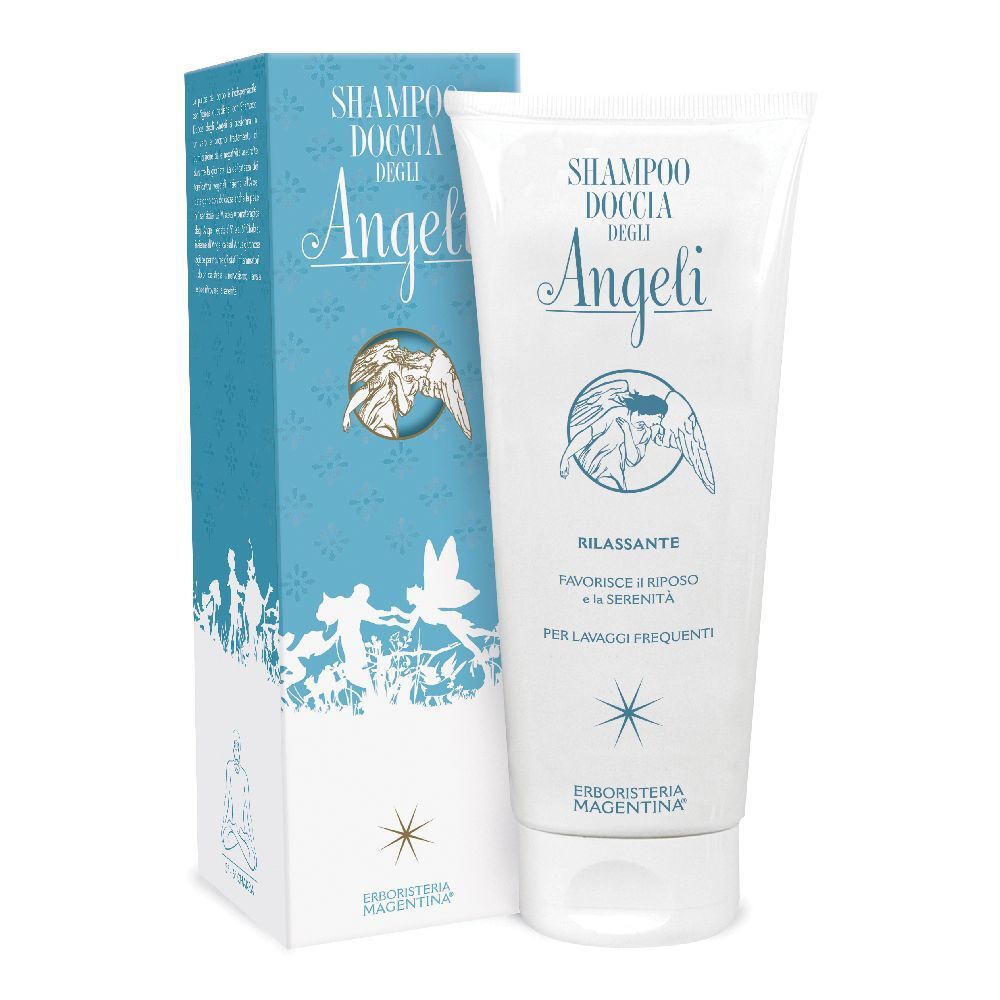 Tubo e scatola bianchi. Scritta: Angeli, Shampoo Doccia. Illustrazioni di angeli. Testo: Rilassante, Erboristeria Magentina.