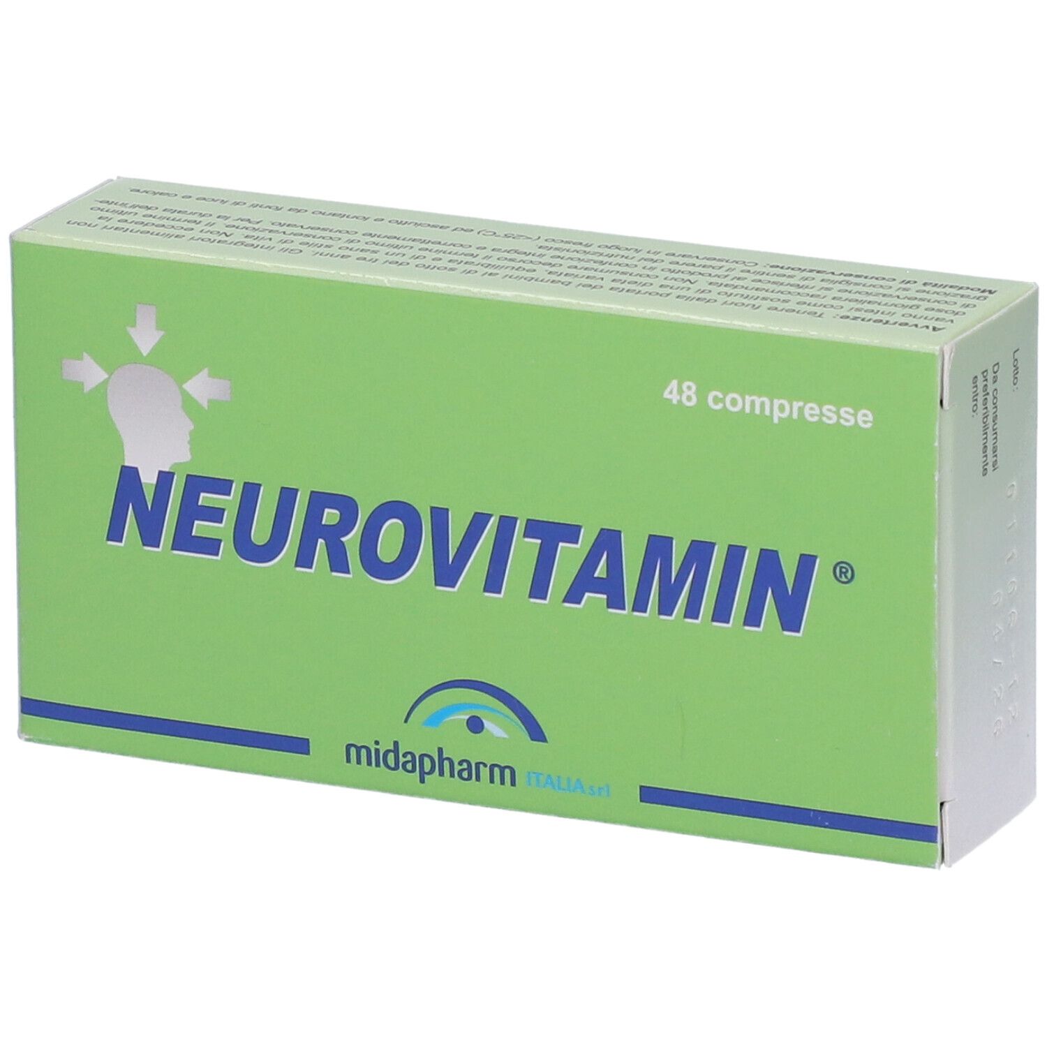 Scatola verde "NEUROVITAMIN" con 48 compresse. Marchio midapharm.