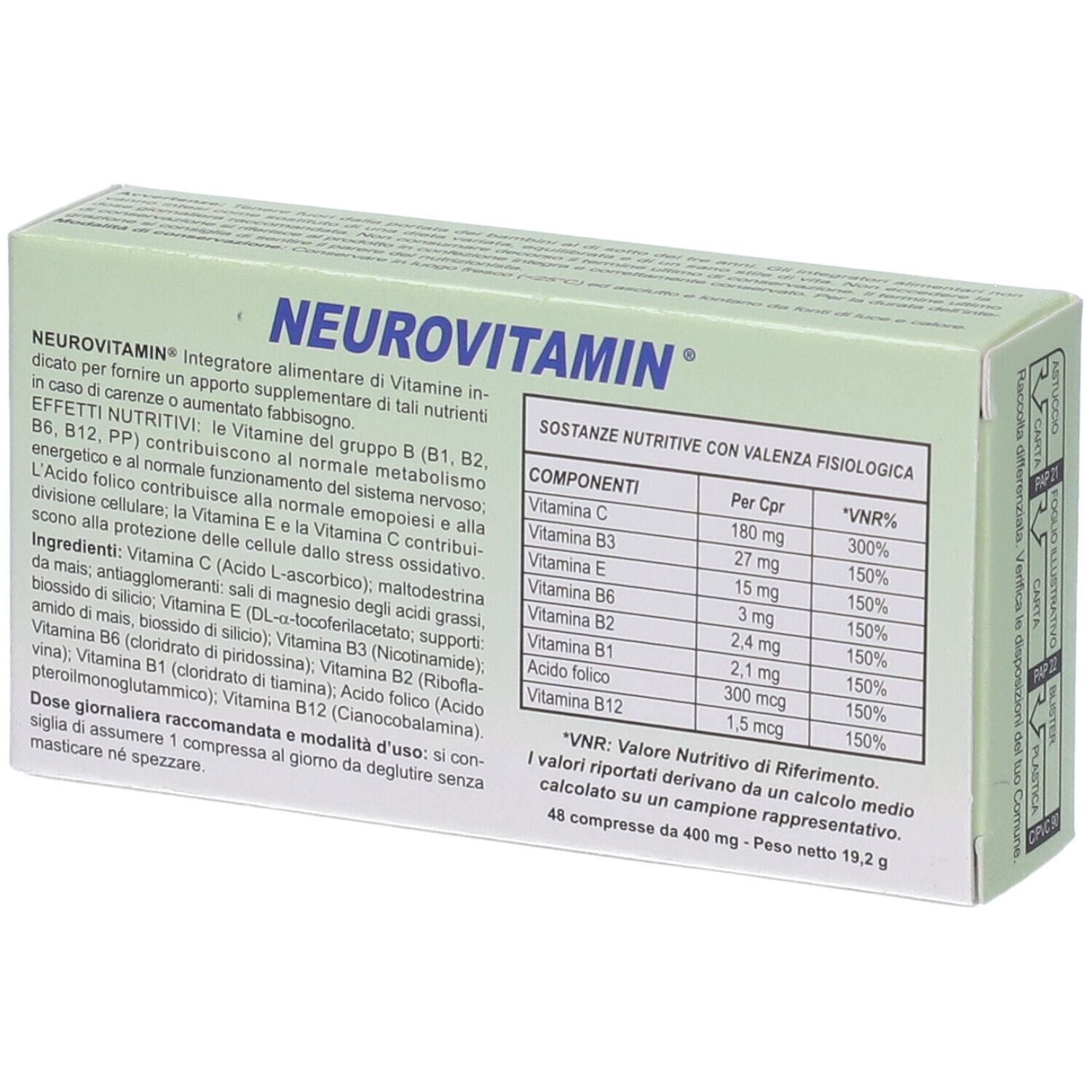 Retro della scatola "NEUROVITAMIN". Contiene ingredienti e informazioni nutrizionali.
