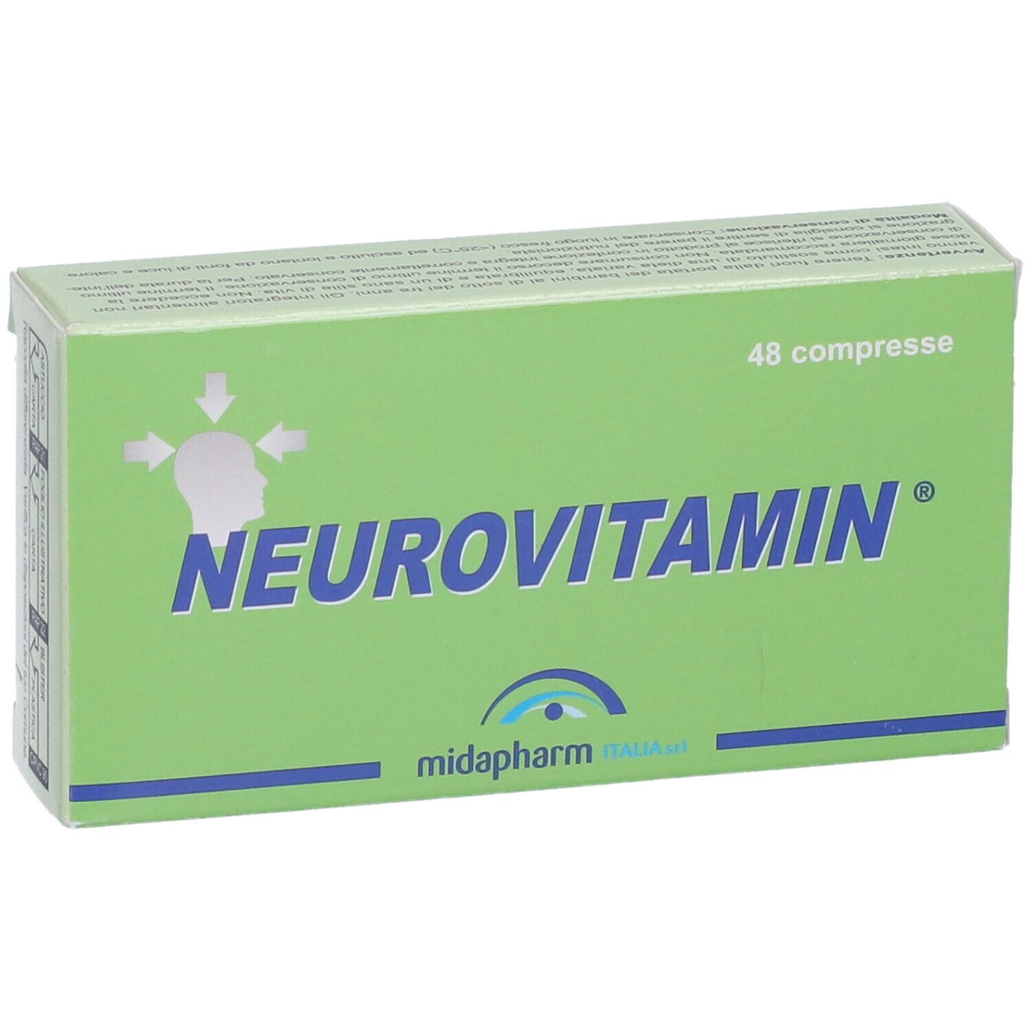 Scatola verde "NEUROVITAMIN" con 48 compresse. Marchio midapharm.