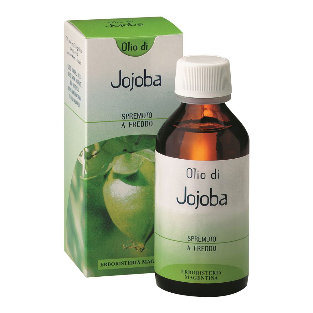 Flacone in vetro marrone con tappo bianco ed etichetta. Scritta: Olio di Jojoba, Spremutto a Freddo. Confezione verde accanto.