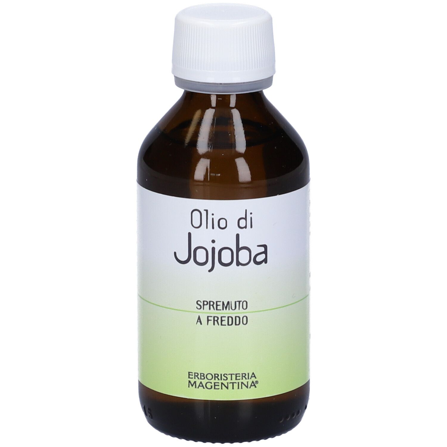 Flacone in vetro marrone con tappo bianco ed etichetta. Scritta: Olio di Jojoba, Spremutto a Freddo. Marchio: Erboristeria Magentina.