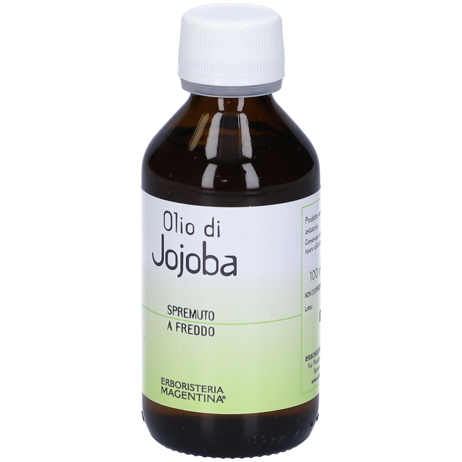 Flacone in vetro marrone con tappo bianco ed etichetta. Scritta: Olio di Jojoba, Spremutto a Freddo. Marchio: Erboristeria Magentina.