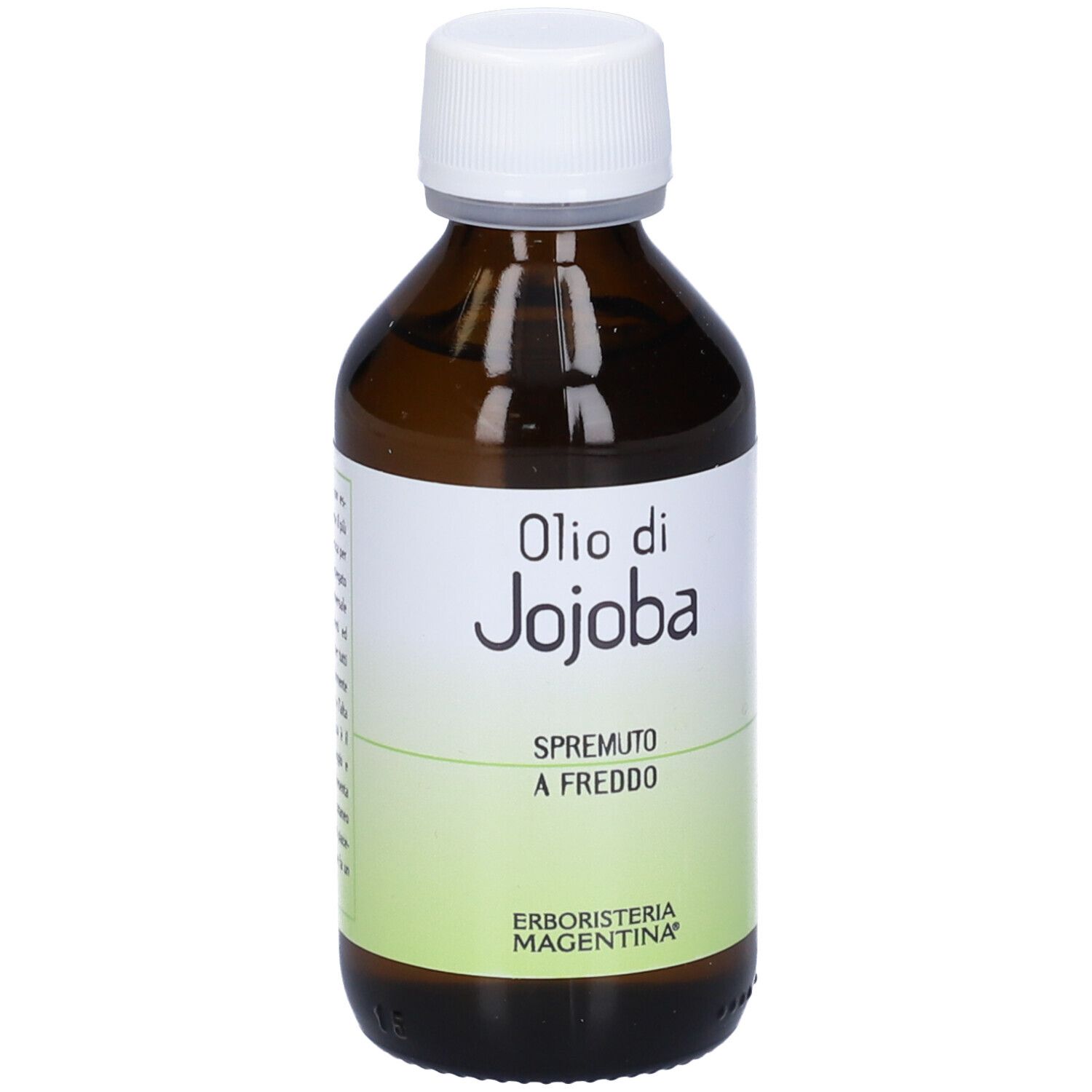 Flacone in vetro marrone con tappo bianco ed etichetta. Scritta: Olio di Jojoba, Spremutto a Freddo. Marchio: Erboristeria Magentina.