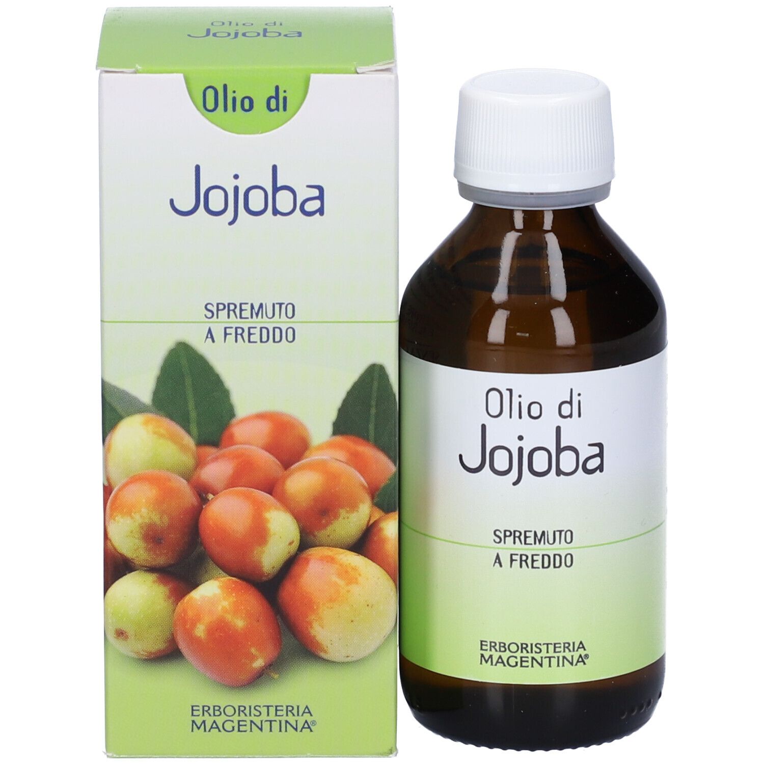 Flacone in vetro marrone con tappo bianco ed etichetta. Scritta: Olio di Jojoba, Spremutto a Freddo. Confezione verde con frutta accanto.
