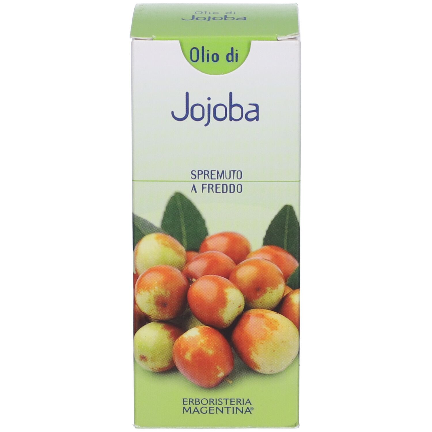 Confezione verde con scritta: Olio di Jojoba, Spremutto a Freddo. Marchio: Erboristeria Magentina. Illustrazione di frutta.