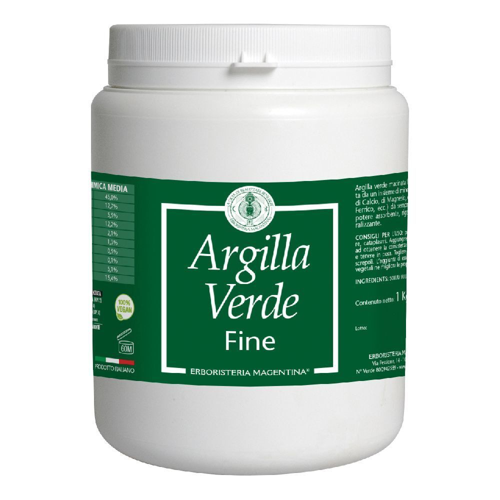 Contenitore bianco con etichetta verde. Scritta: Argilla Verde Fine. Analisi chimica e logo.