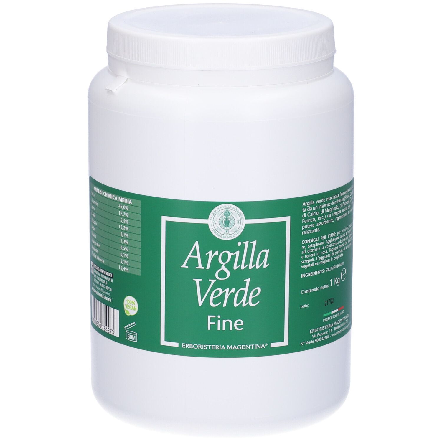 Contenitore bianco con etichetta verde. Scritta: Argilla Verde Fine. Analisi chimica e logo.
