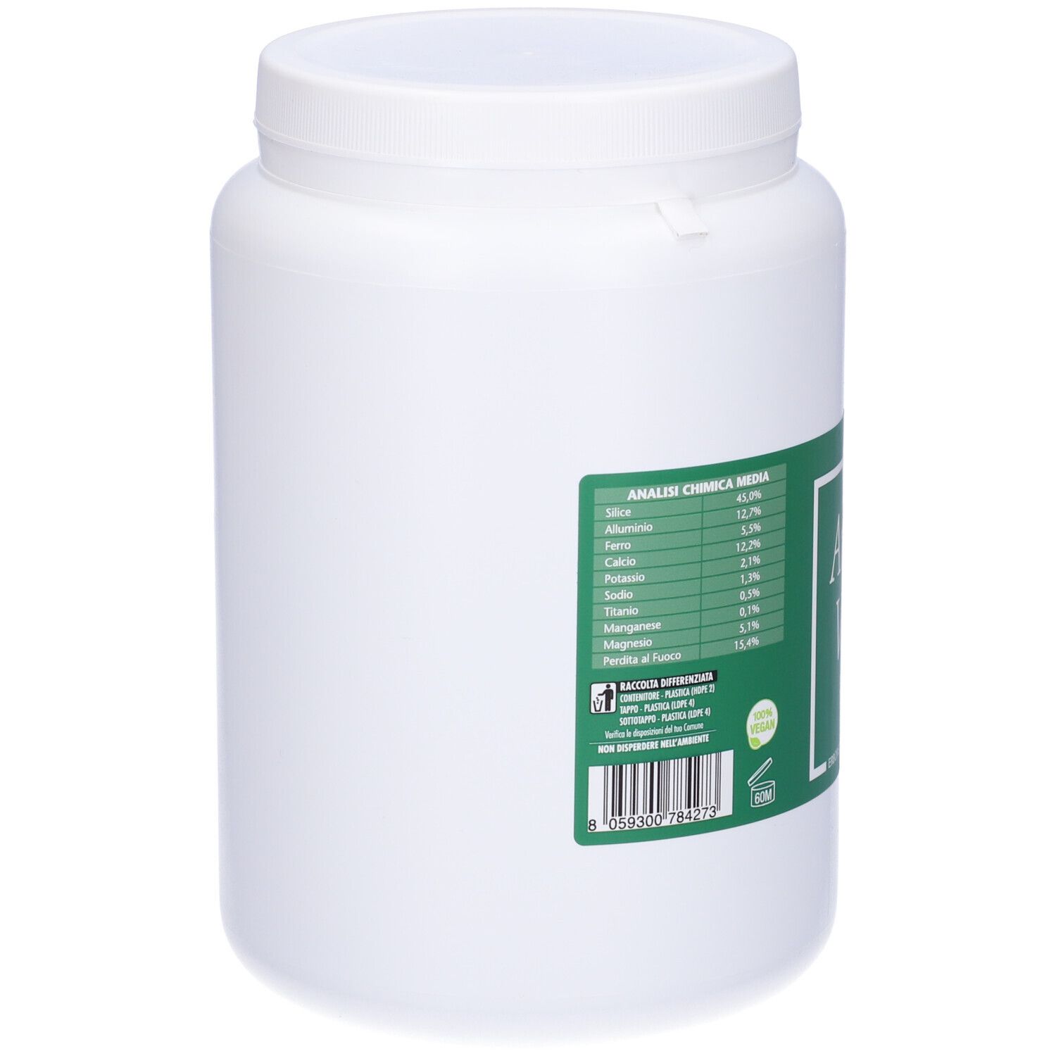 Contenitore bianco con etichetta verde. Scritta: Argilla Verde Fine. Analisi chimica e logo.