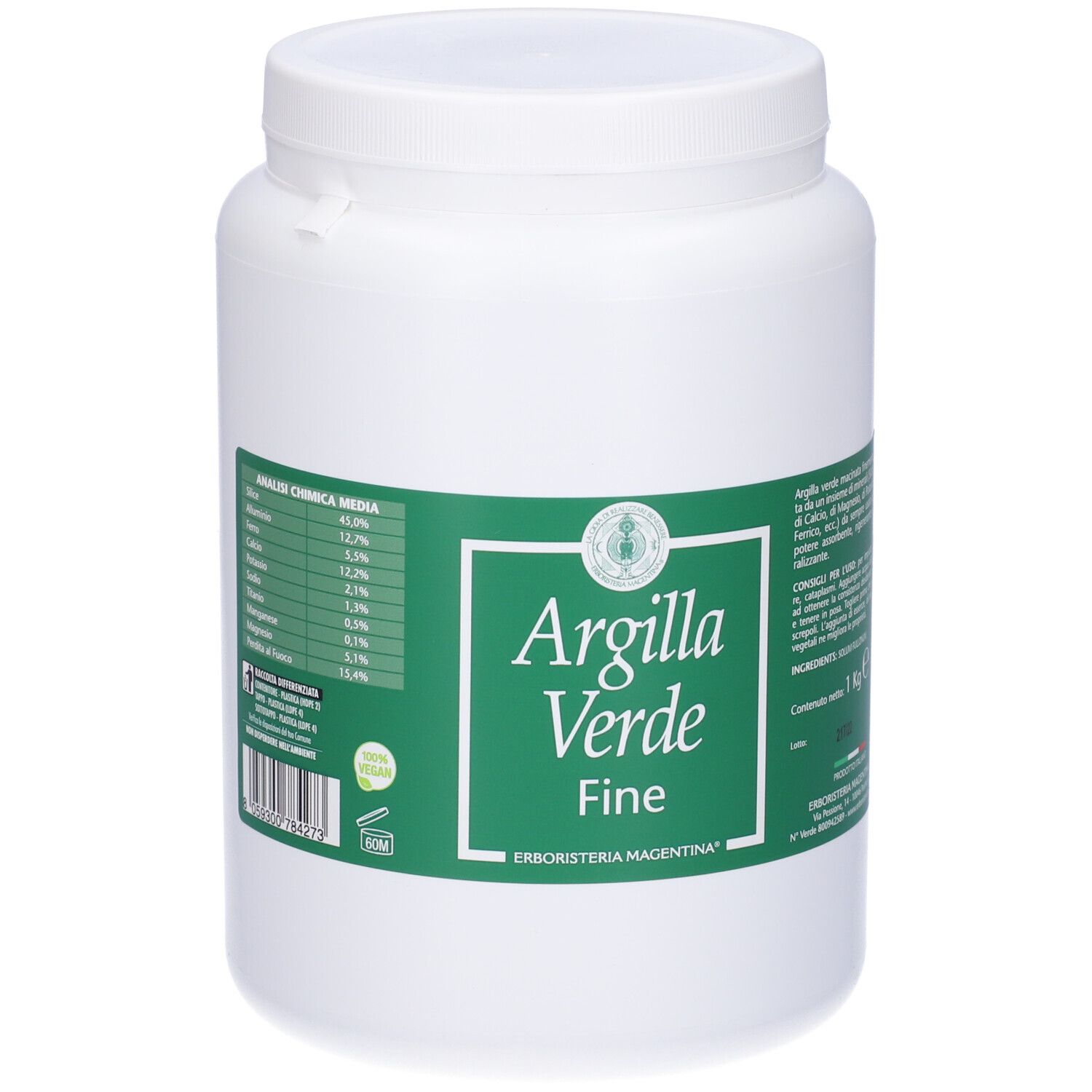 Contenitore bianco con etichetta verde. Scritta: Argilla Verde Fine. Analisi chimica e logo.