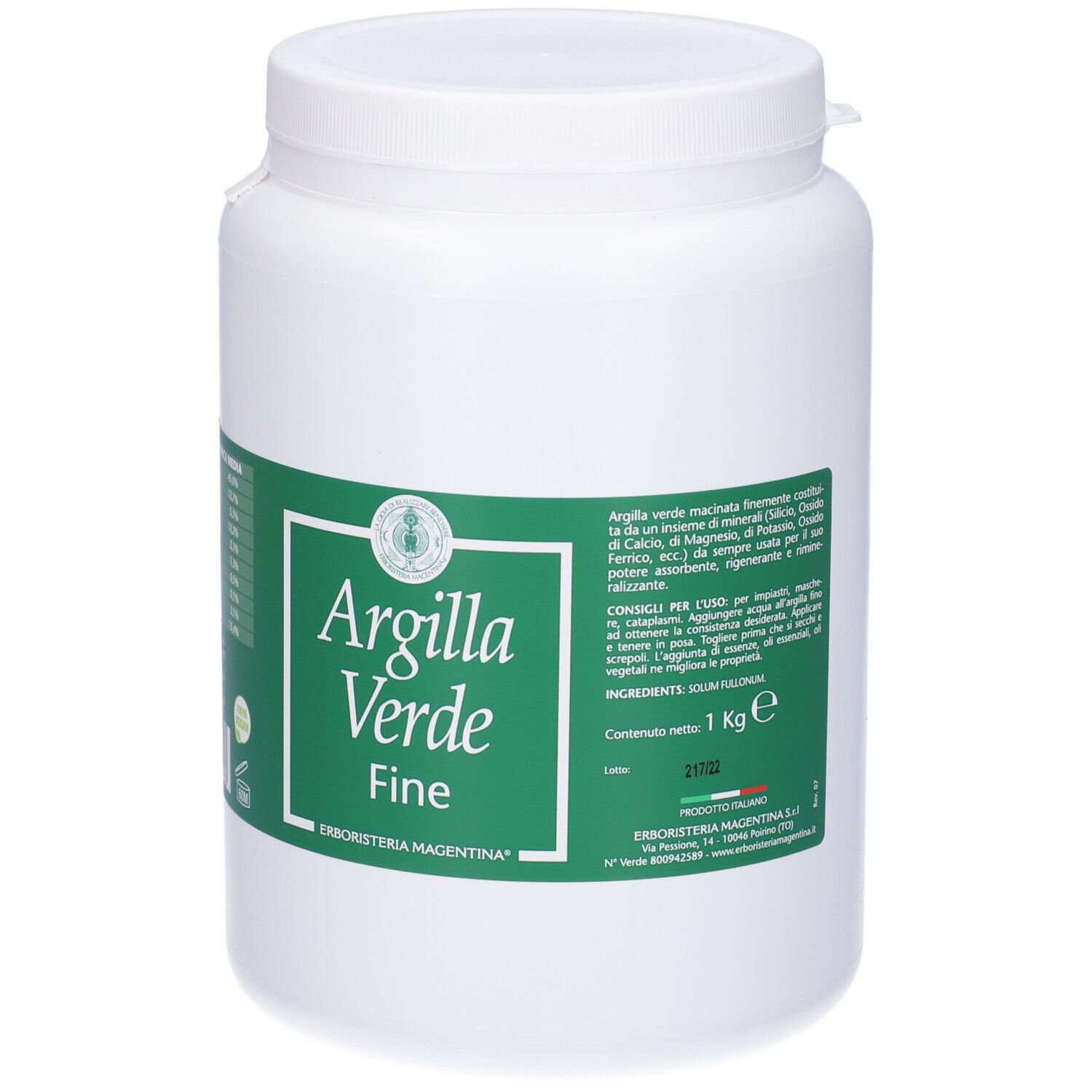 Contenitore bianco con etichetta verde. Scritta: Argilla Verde Fine. Analisi chimica e logo.