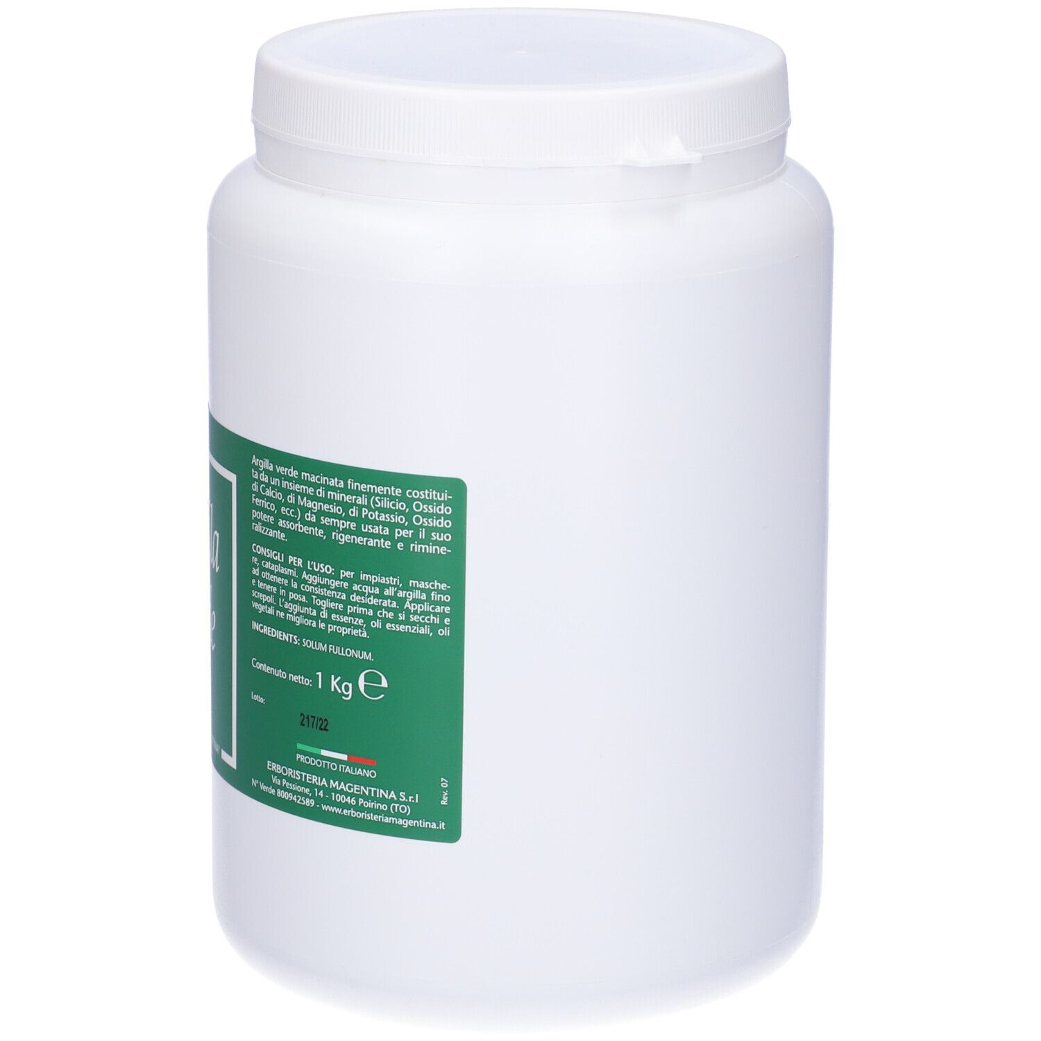 Contenitore bianco con etichetta verde. Scritta: Argilla Verde Fine. Analisi chimica e logo.