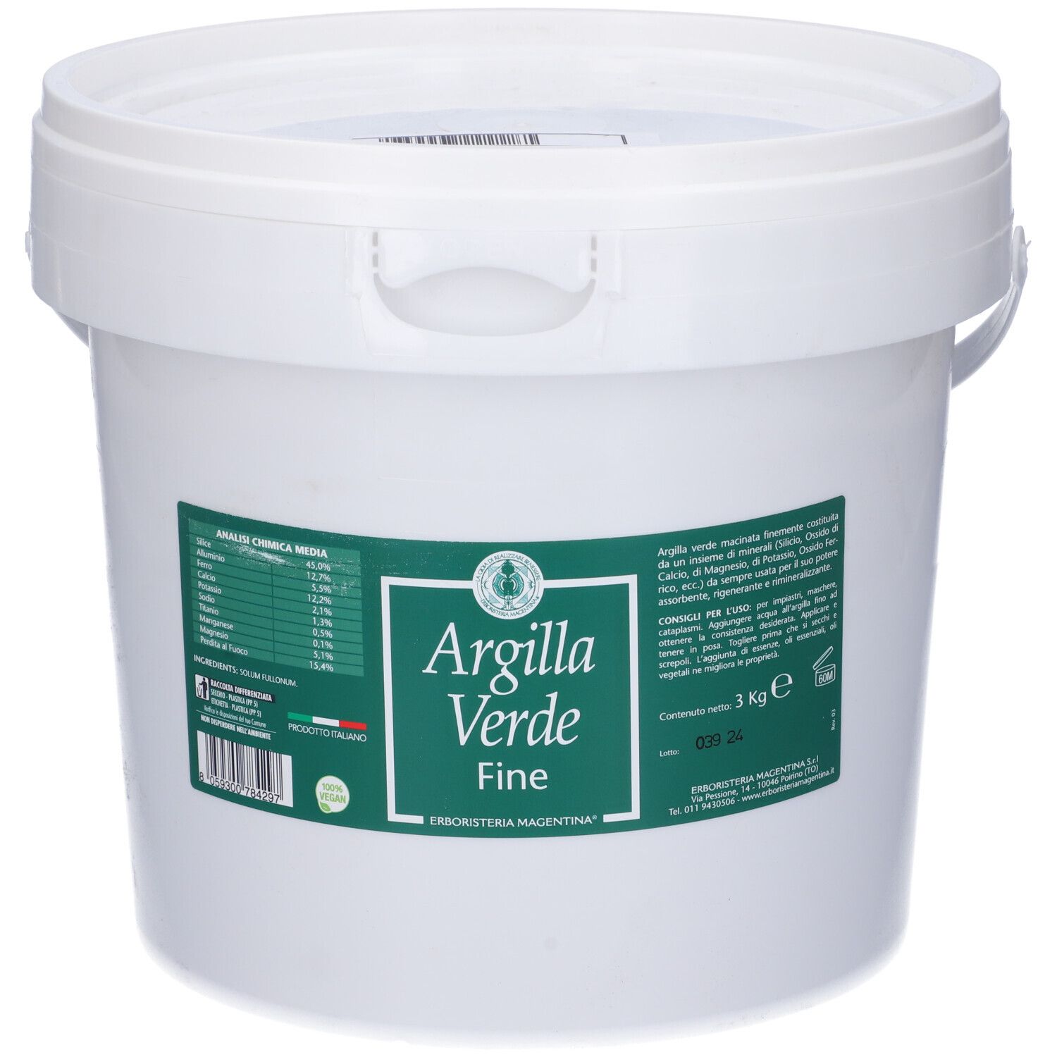 Secchio bianco con etichetta verde. L'etichetta riporta "Argilla Verde Fine 3 Kg".