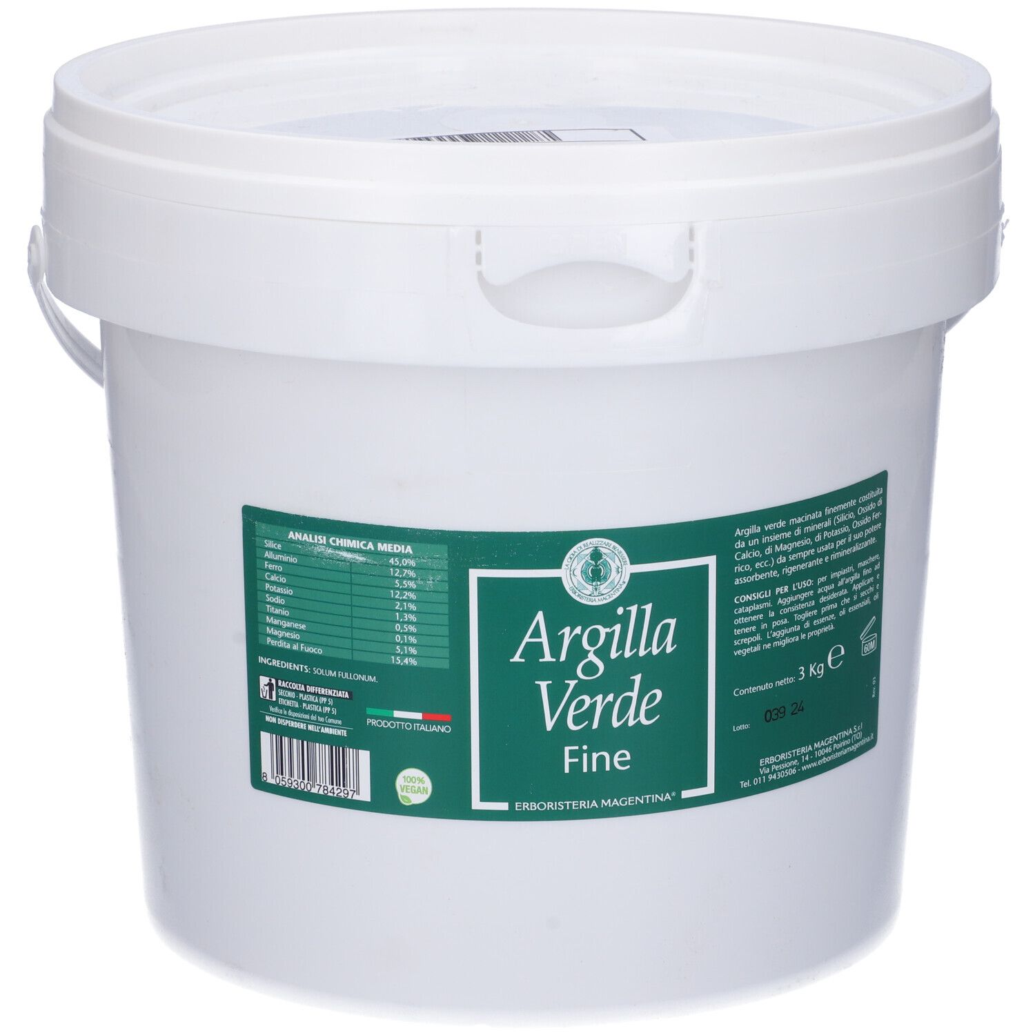 Secchio bianco con etichetta verde. L'etichetta riporta "Argilla Verde Fine 3 Kg".