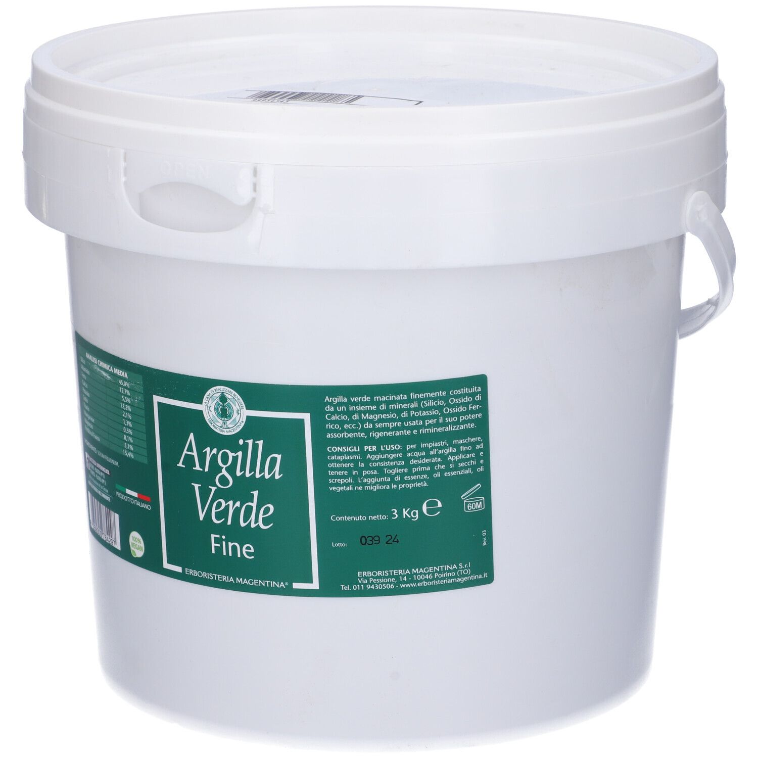 Secchio bianco con etichetta verde. L'etichetta riporta "Argilla Verde Fine 3 Kg".