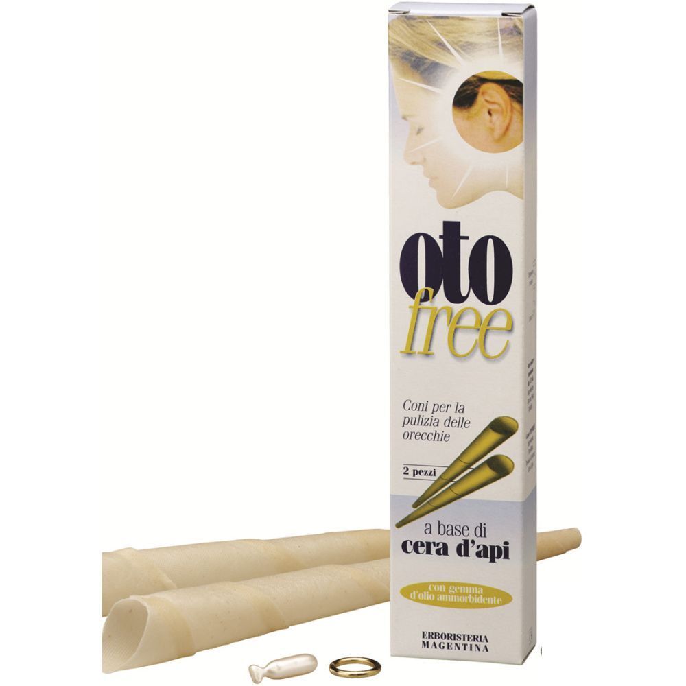 Confezione Otofree con due coni auricolari e accessori. Scritta: « Coni per la pulizia delle orecchie ».