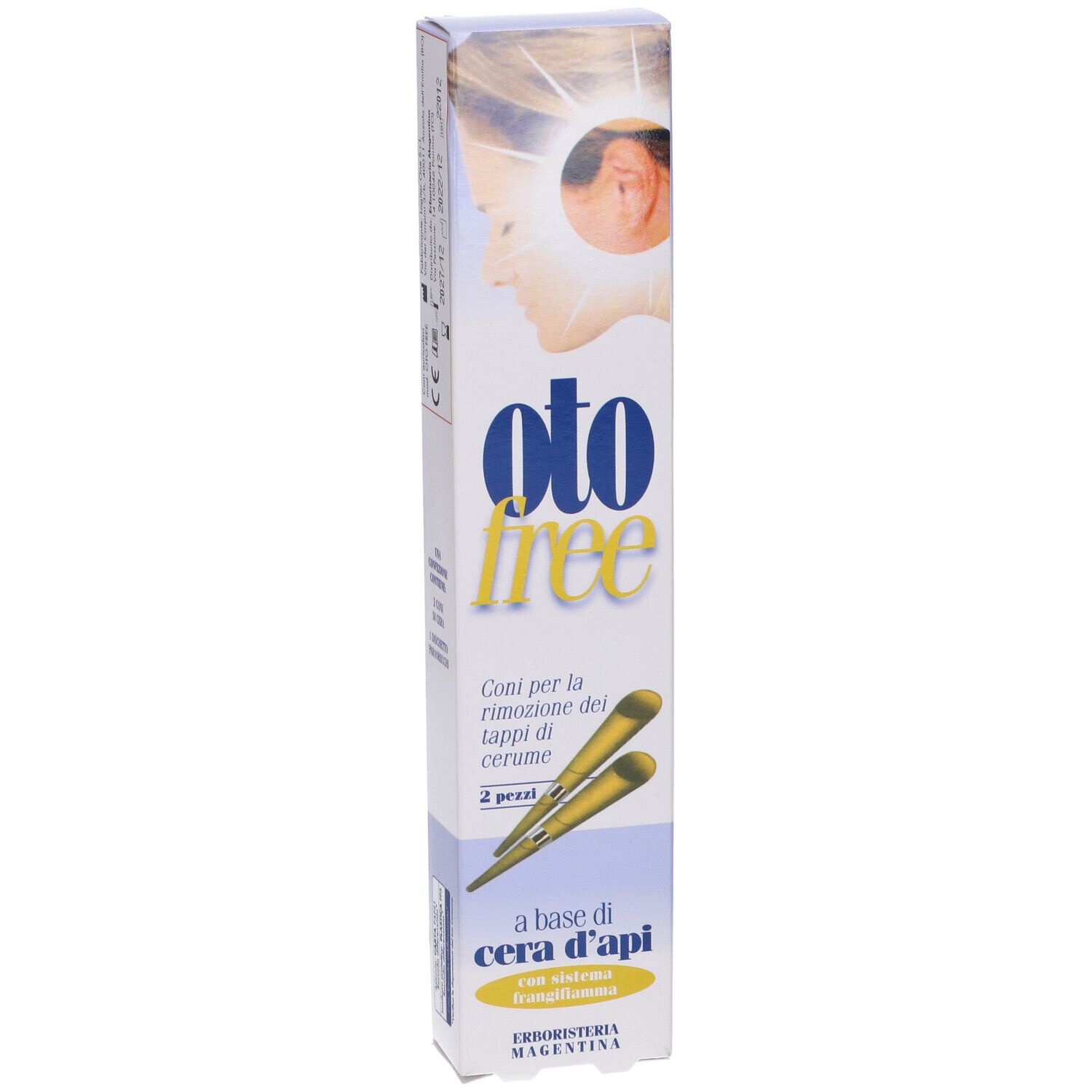 Confezione Otofree con due coni auricolari. Scritta: « Coni per la rimozione dei tappi di cerume ». Confezione blu e bianca.