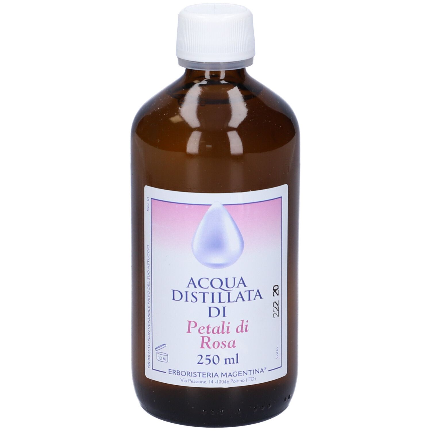 Flacone di vetro marrone con tappo bianco. Etichetta con sfumatura rosa e illustrazione a goccia. Testo: Acqua Distillata di Petali di Rosa.