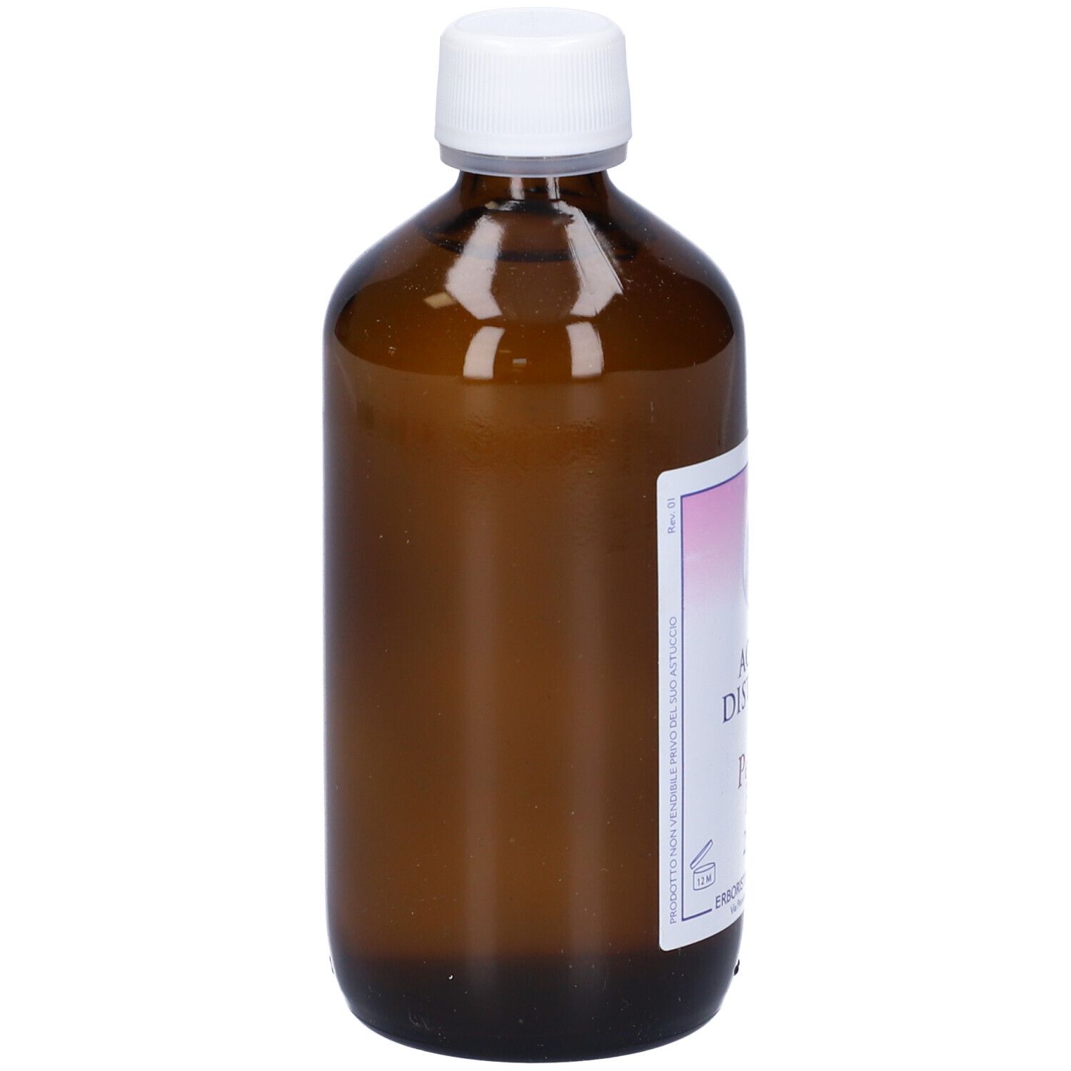 Flacone di vetro marrone con tappo bianco. Etichetta con sfumatura rosa. Testo parzialmente visibile: Acqua Distillata di Petali di Rosa.