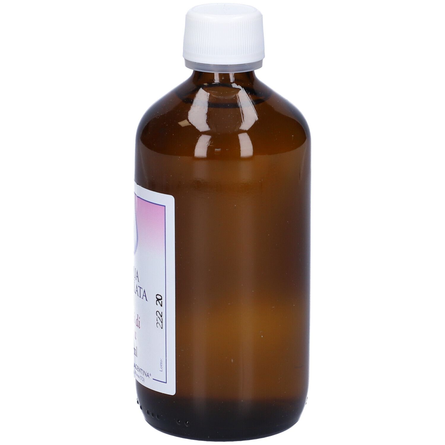 Flacone di vetro marrone con tappo bianco. Etichetta con sfumatura rosa. Testo: Acqua Distillata di Petali di Rosa. Numero 222 20.