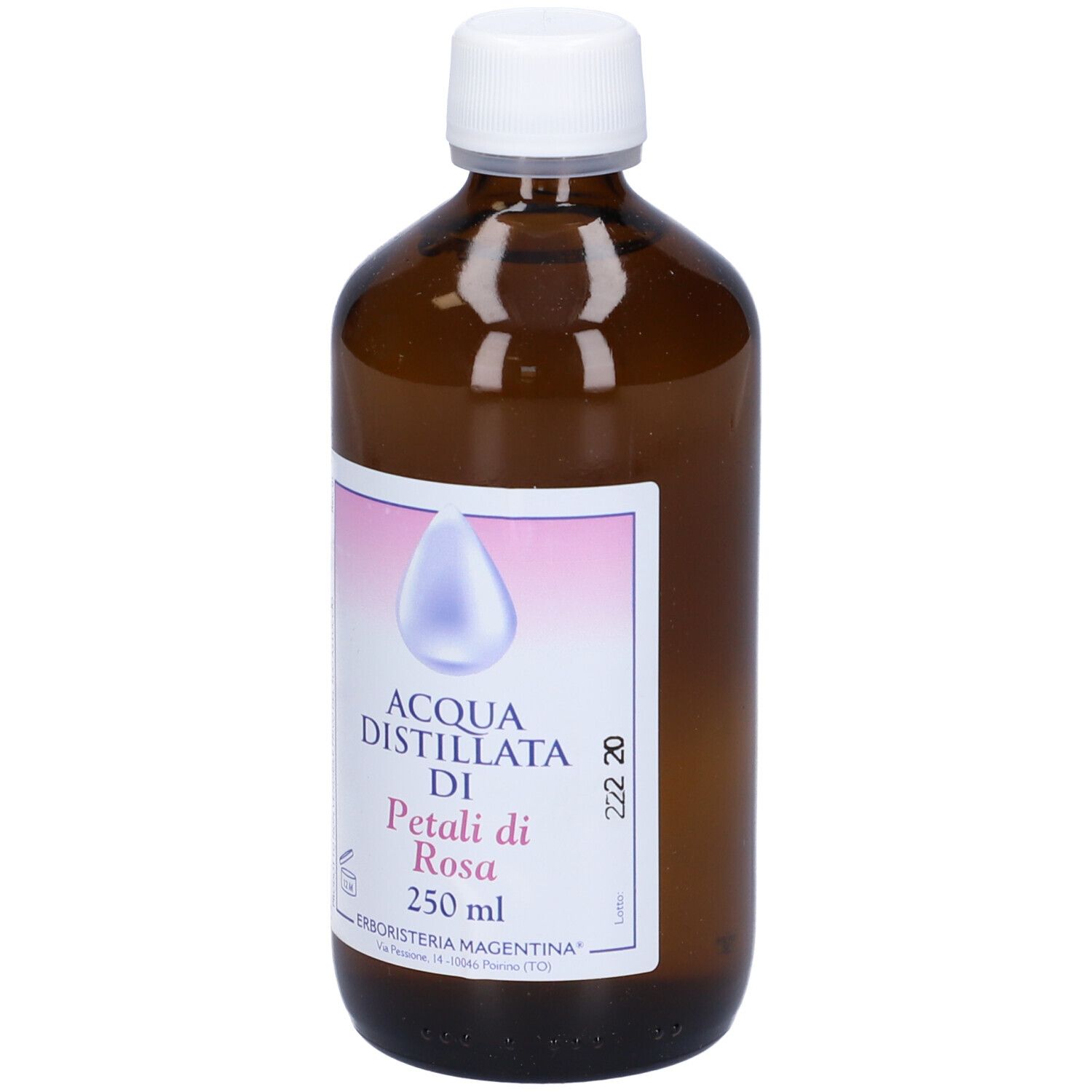 Flacone di vetro marrone con tappo bianco. Etichetta con sfumatura rosa e illustrazione a goccia. Testo: Acqua Distillata di Petali di Rosa.